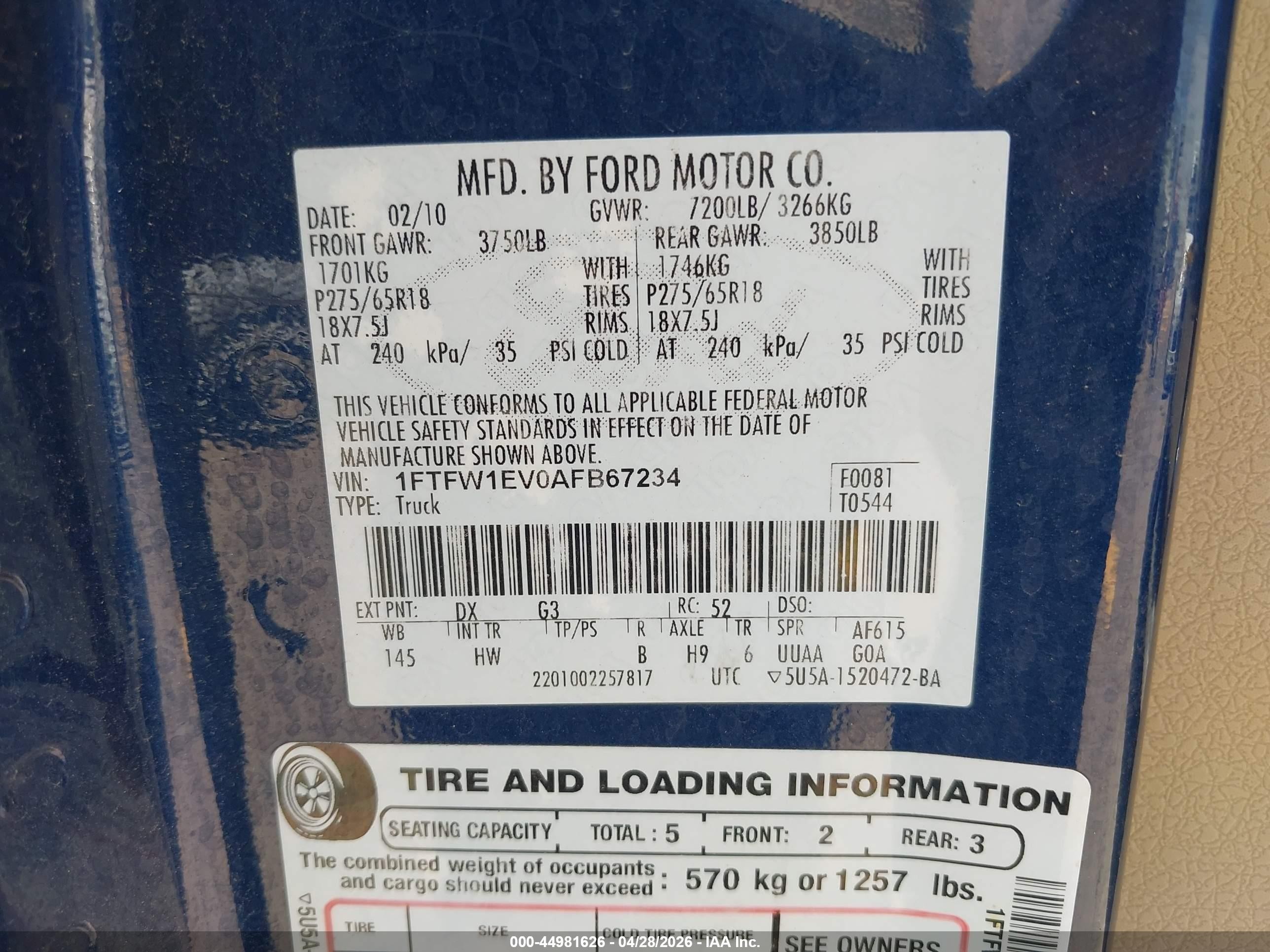 2010 Ford F-150 Fx4/harley-davidson/king Ranch/lariat/platinum/xl/xlt Blue vin: 1FTFW1EV0AFB67234