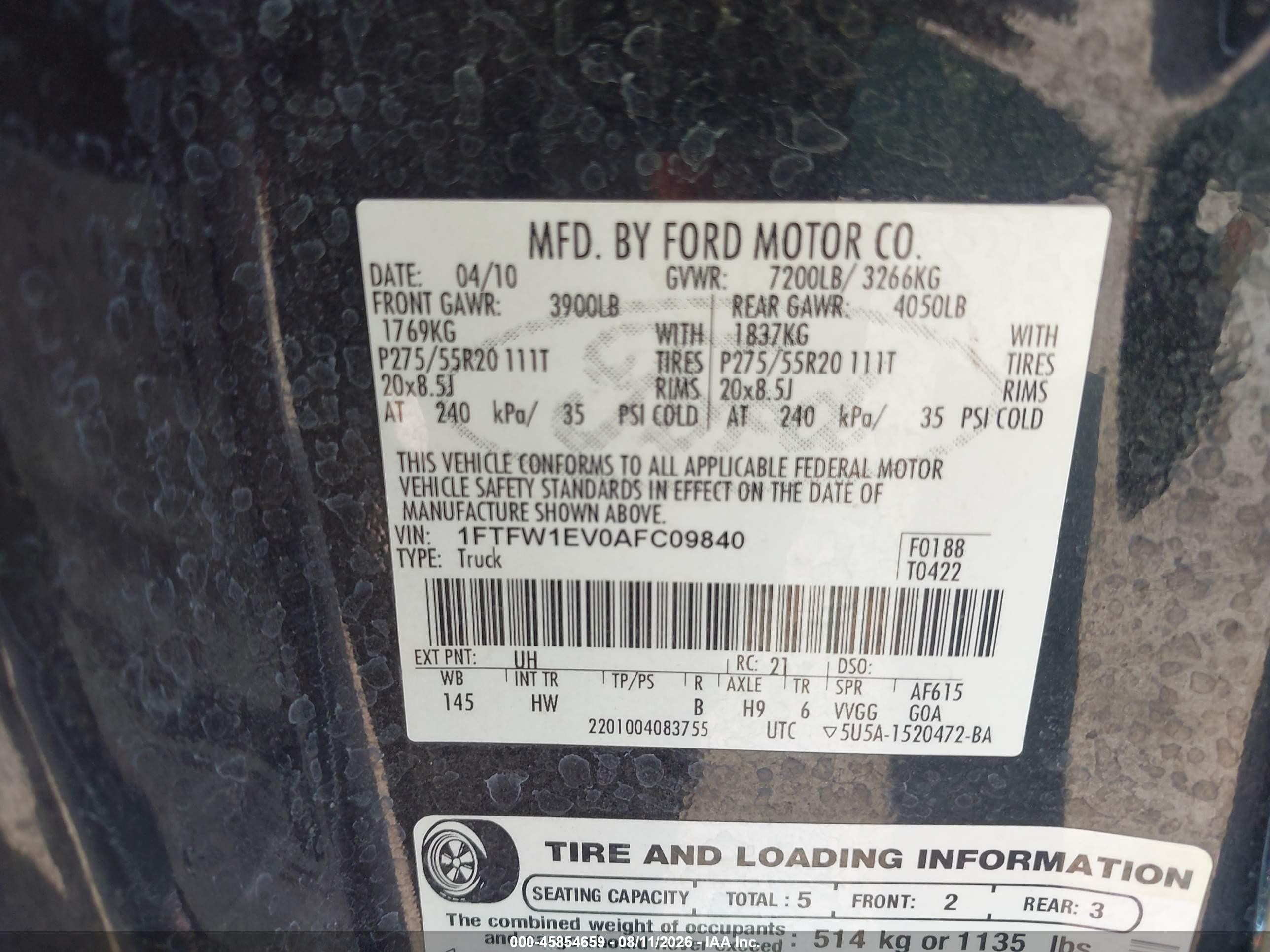 2010 Ford F-150 Fx4/harley-davidson/king Ranch/lariat/platinum/xl/xlt Black vin: 1FTFW1EV0AFC09840