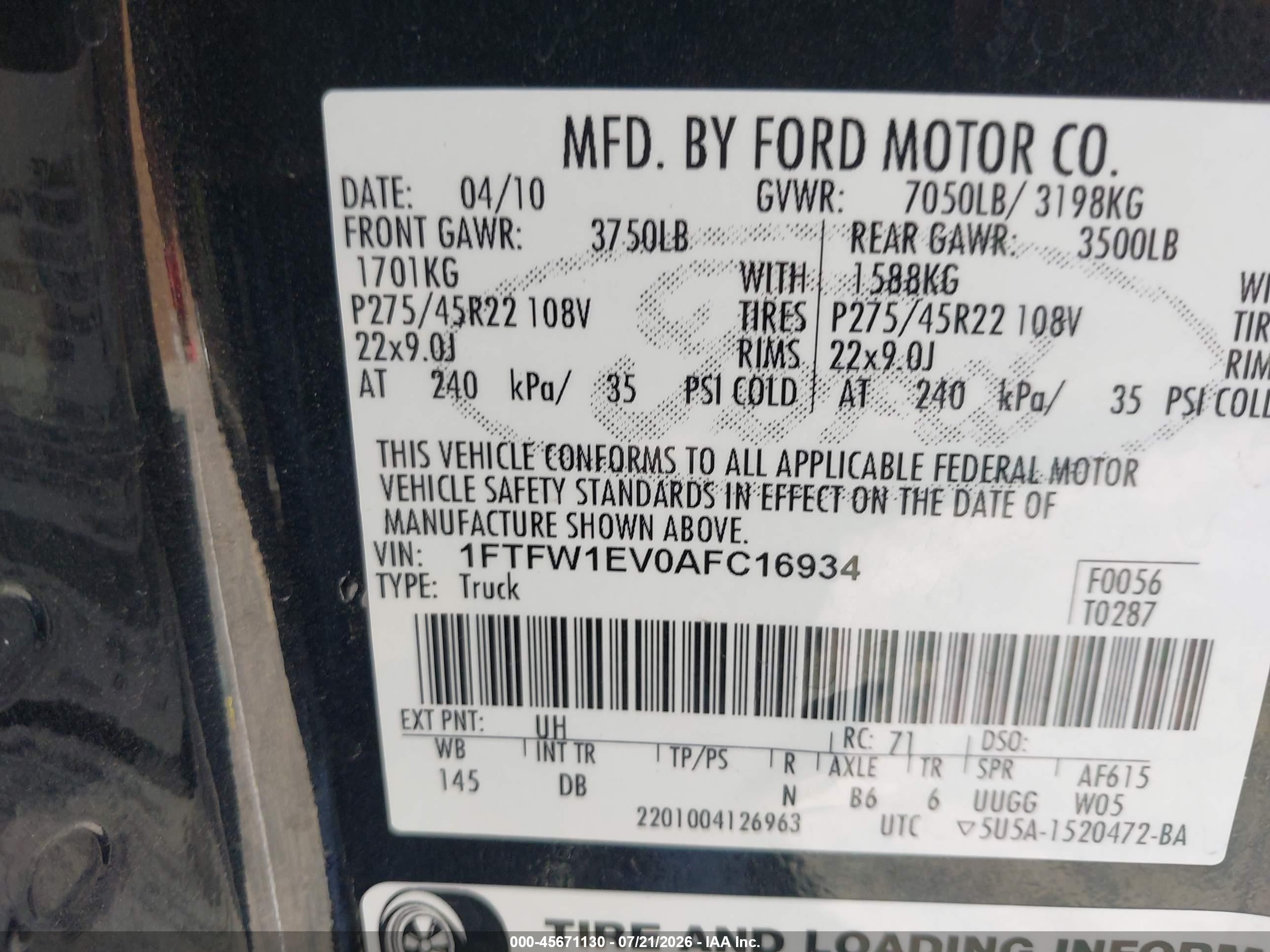 2010 Ford F-150 Fx4/harley-davidson/king Ranch/lariat/platinum/xl/xlt Черный vin: 1FTFW1EV0AFC16934