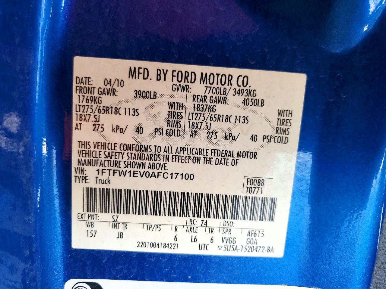 2010 Ford F150 Supercrew Синий vin: 1FTFW1EV0AFC17100