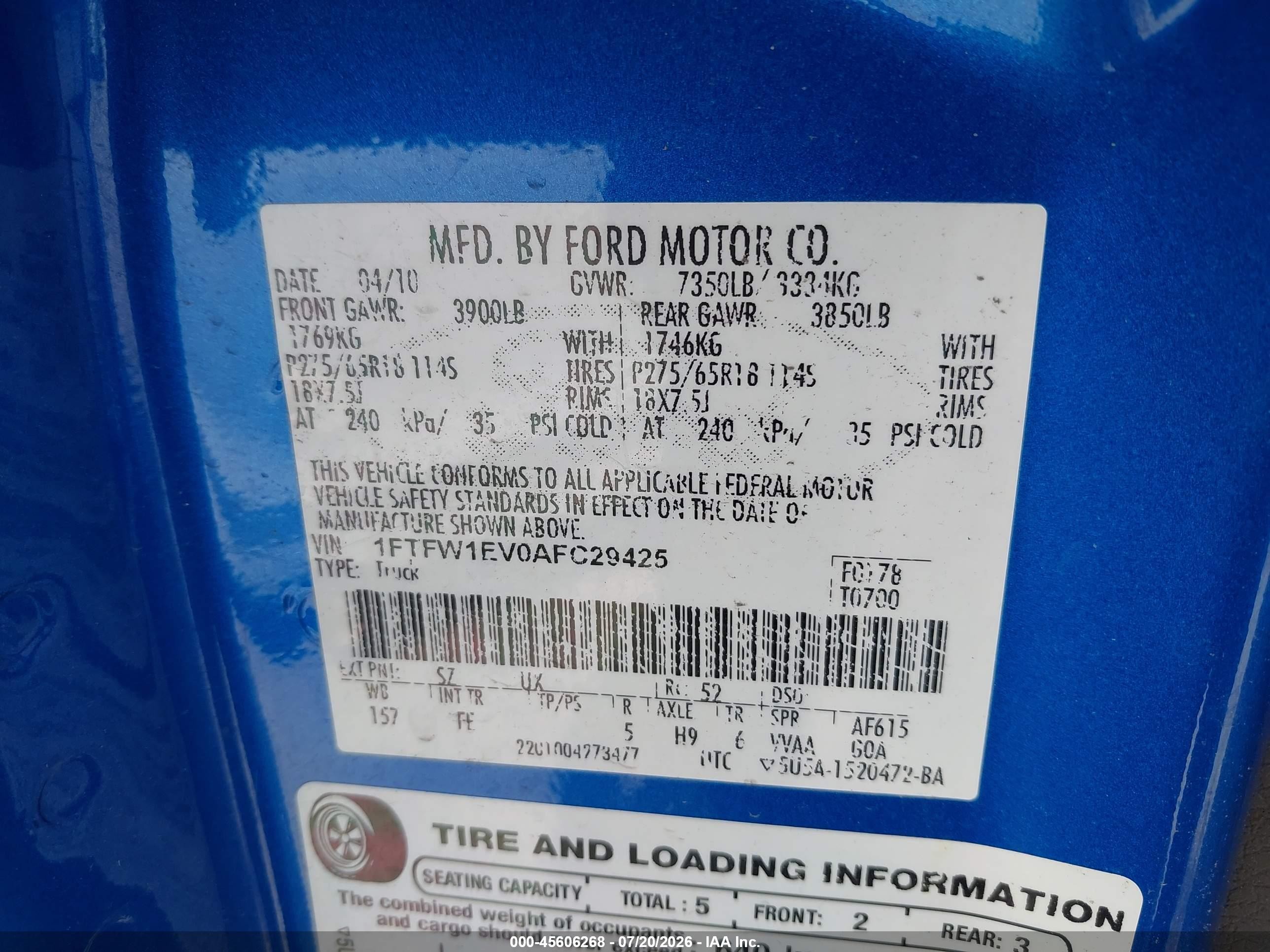 2010 Ford F-150   Blue vin: 1FTFW1EV0AFC29425