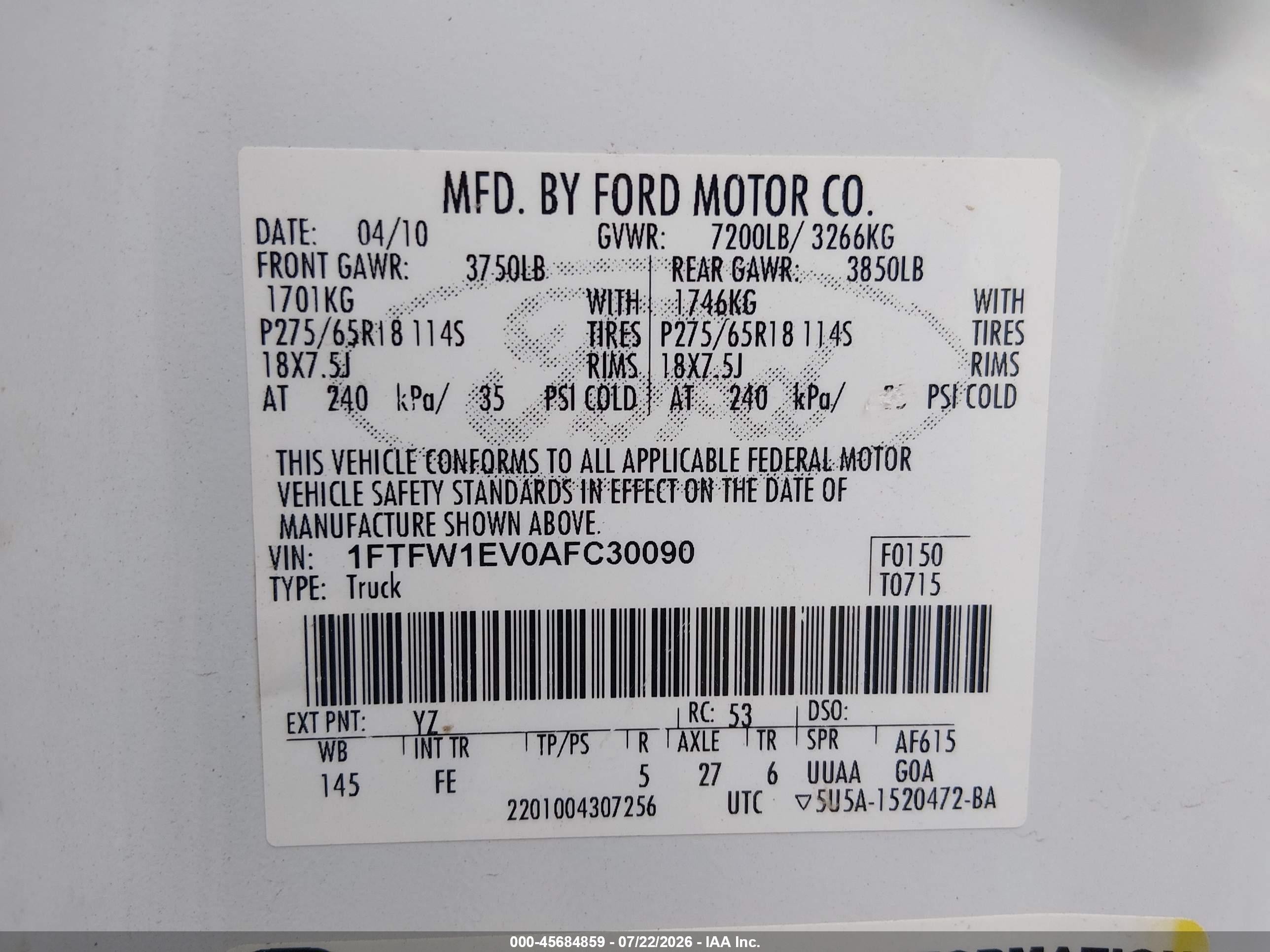 2010 Ford F-150 Fx4/harley-davidson/king Ranch/lariat/platinum/xl/xlt White vin: 1FTFW1EV0AFC30090