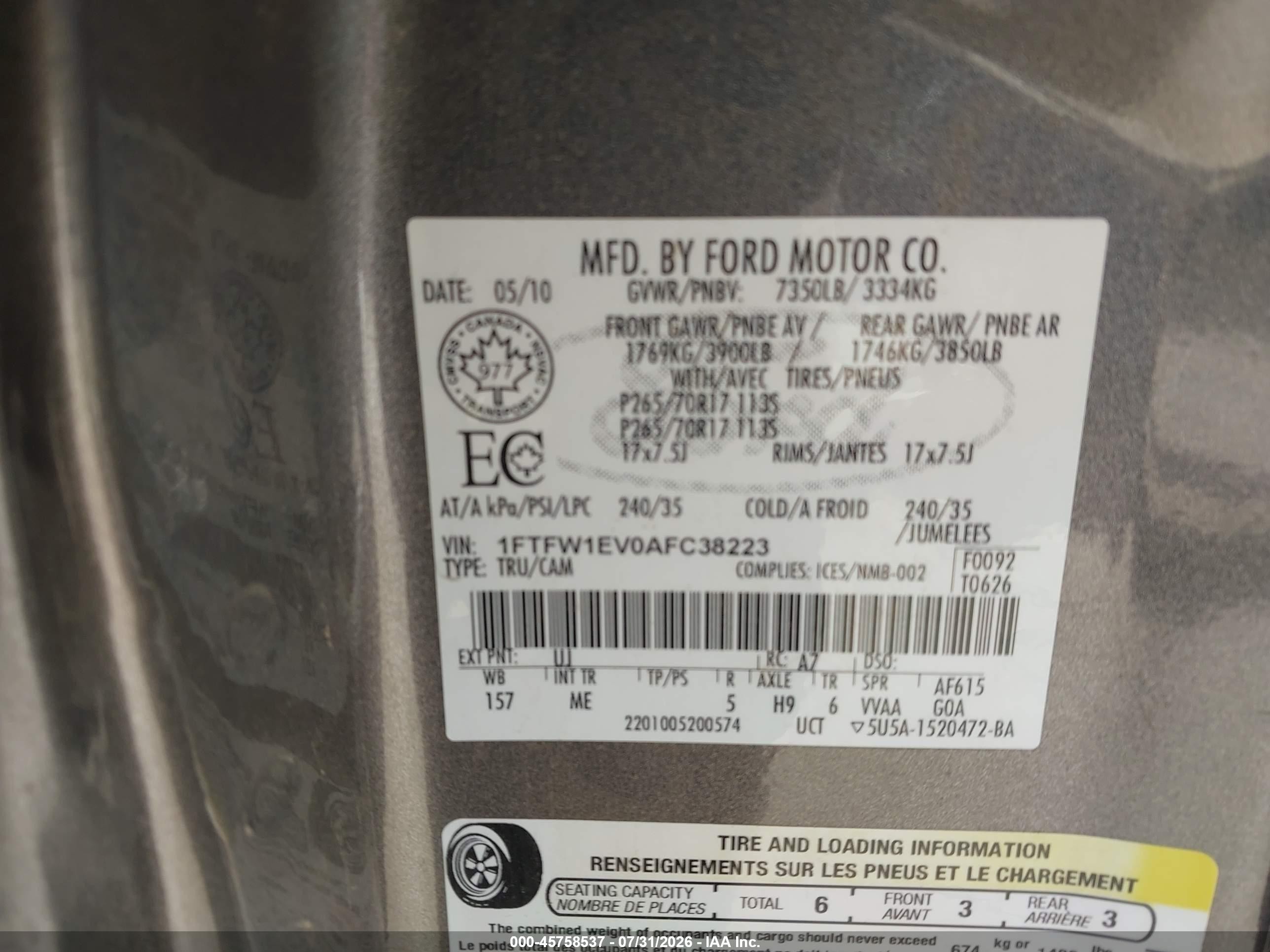2010 Ford F-150 Fx4/harley-davidson/king Ranch/lariat/platinum/xl/xlt Gray vin: 1FTFW1EV0AFC38223