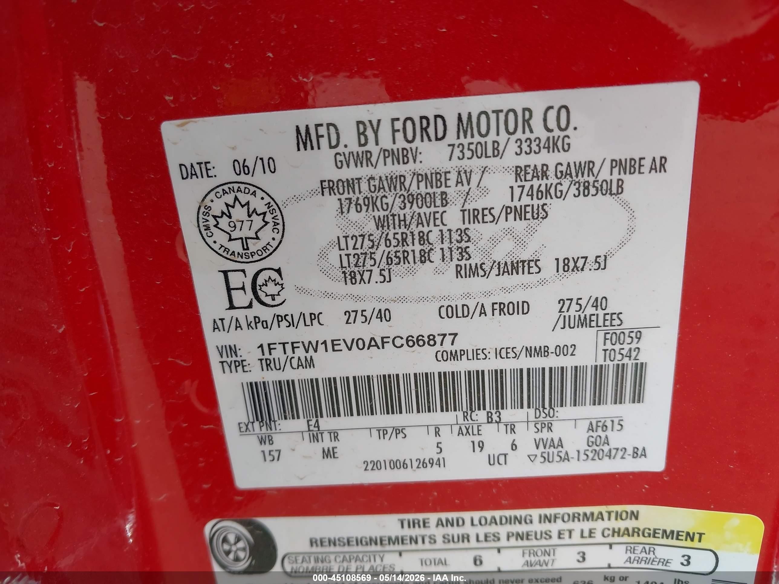 2010 Ford F-150 Fx4/harley-davidson/king Ranch/lariat/platinum/xl/xlt Red vin: 1FTFW1EV0AFC66877