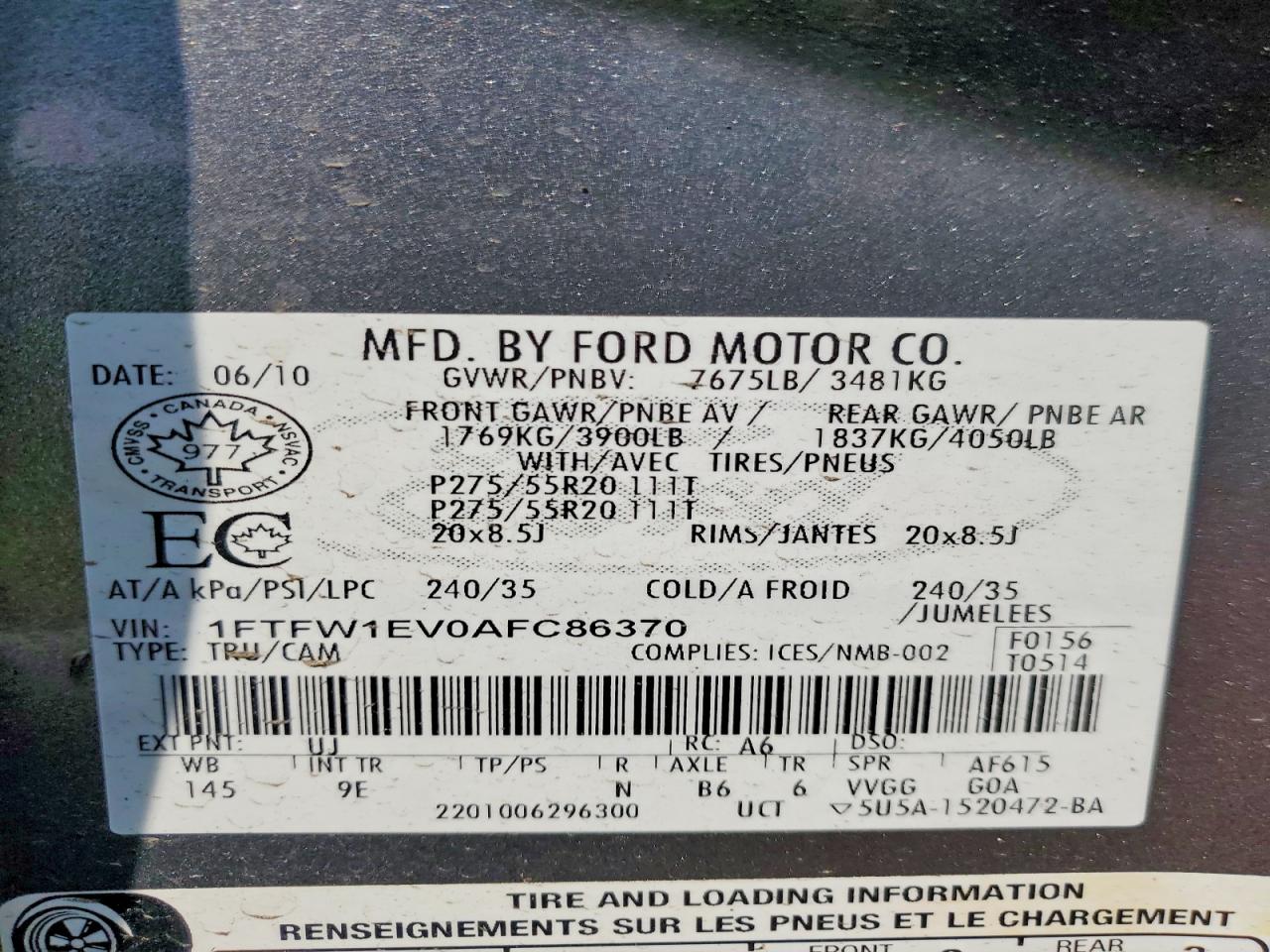 2010 Ford F150 Supercrew Gray vin: 1FTFW1EV0AFC86370