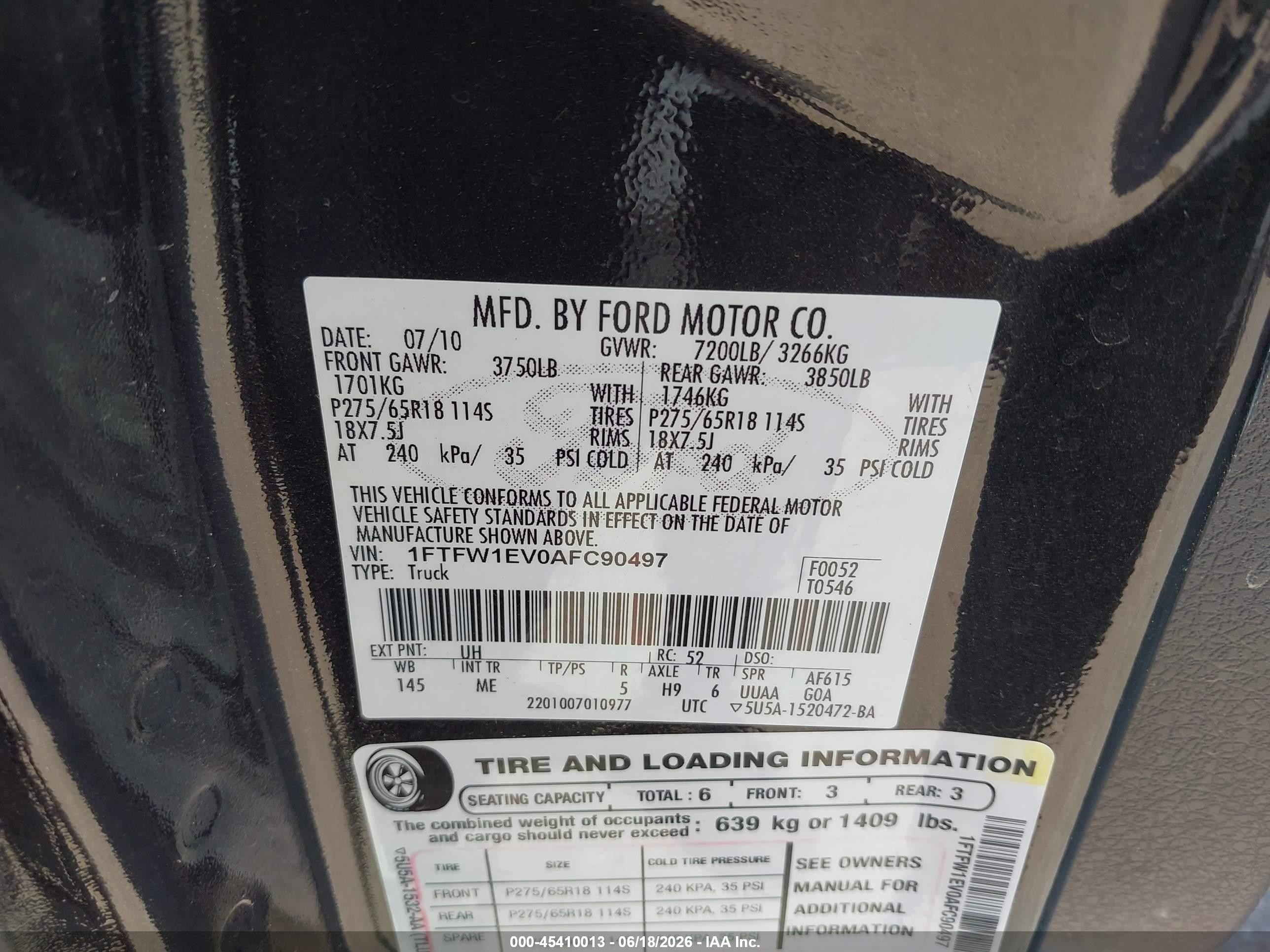 2010 Ford F-150 Fx4/harley-davidson/king Ranch/lariat/platinum/xl/xlt Black vin: 1FTFW1EV0AFC90497