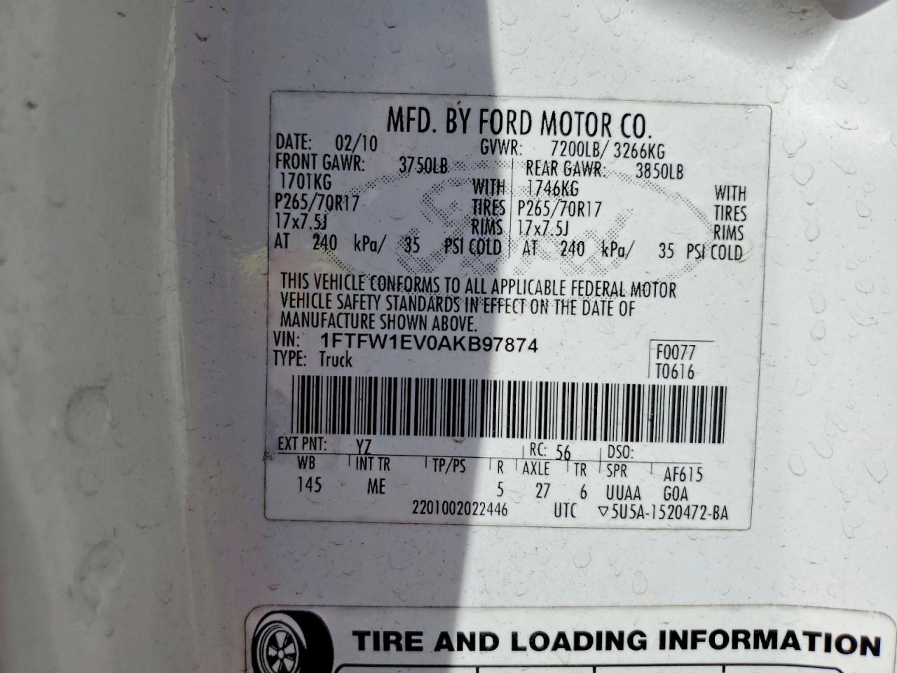 2010 Ford F150 Supercrew White vin: 1FTFW1EV0AKB97874