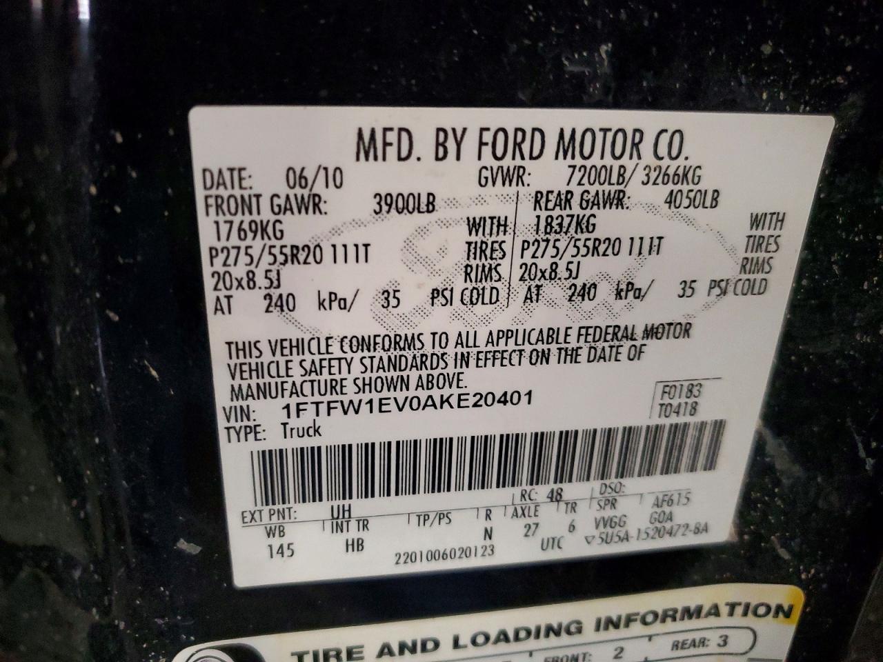 2010 Ford F150 Supercrew Черный vin: 1FTFW1EV0AKE20401
