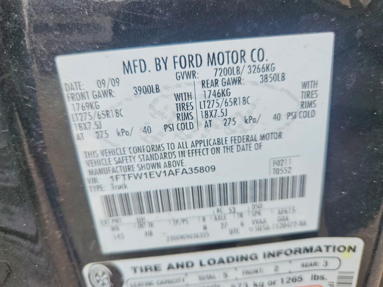2010 Ford F150 Supercrew Black vin: 1FTFW1EV1AFA35809