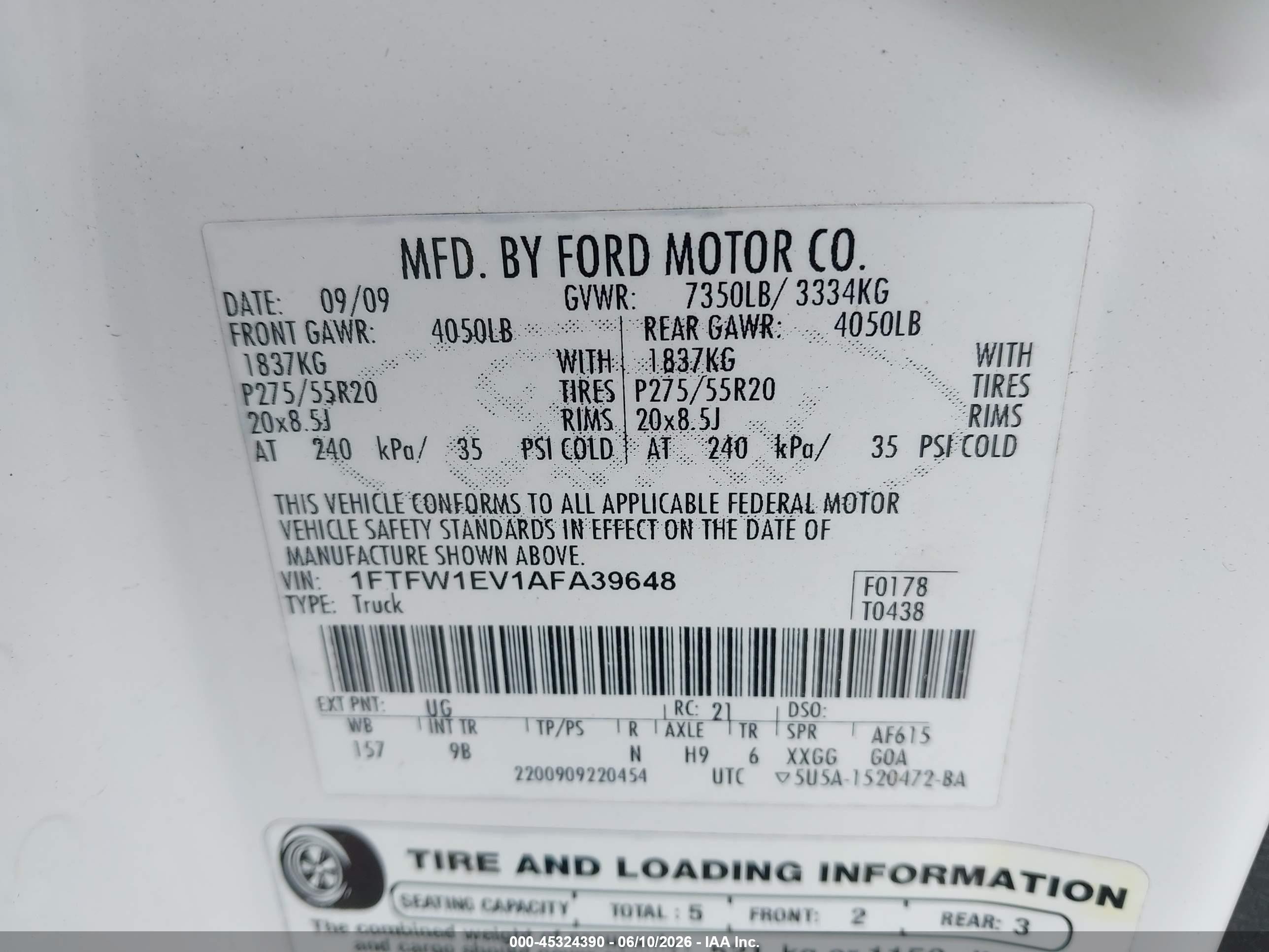 2010 Ford F-150 Fx4/harley-davidson/king Ranch/lariat/platinum/xl/xlt White vin: 1FTFW1EV1AFA39648