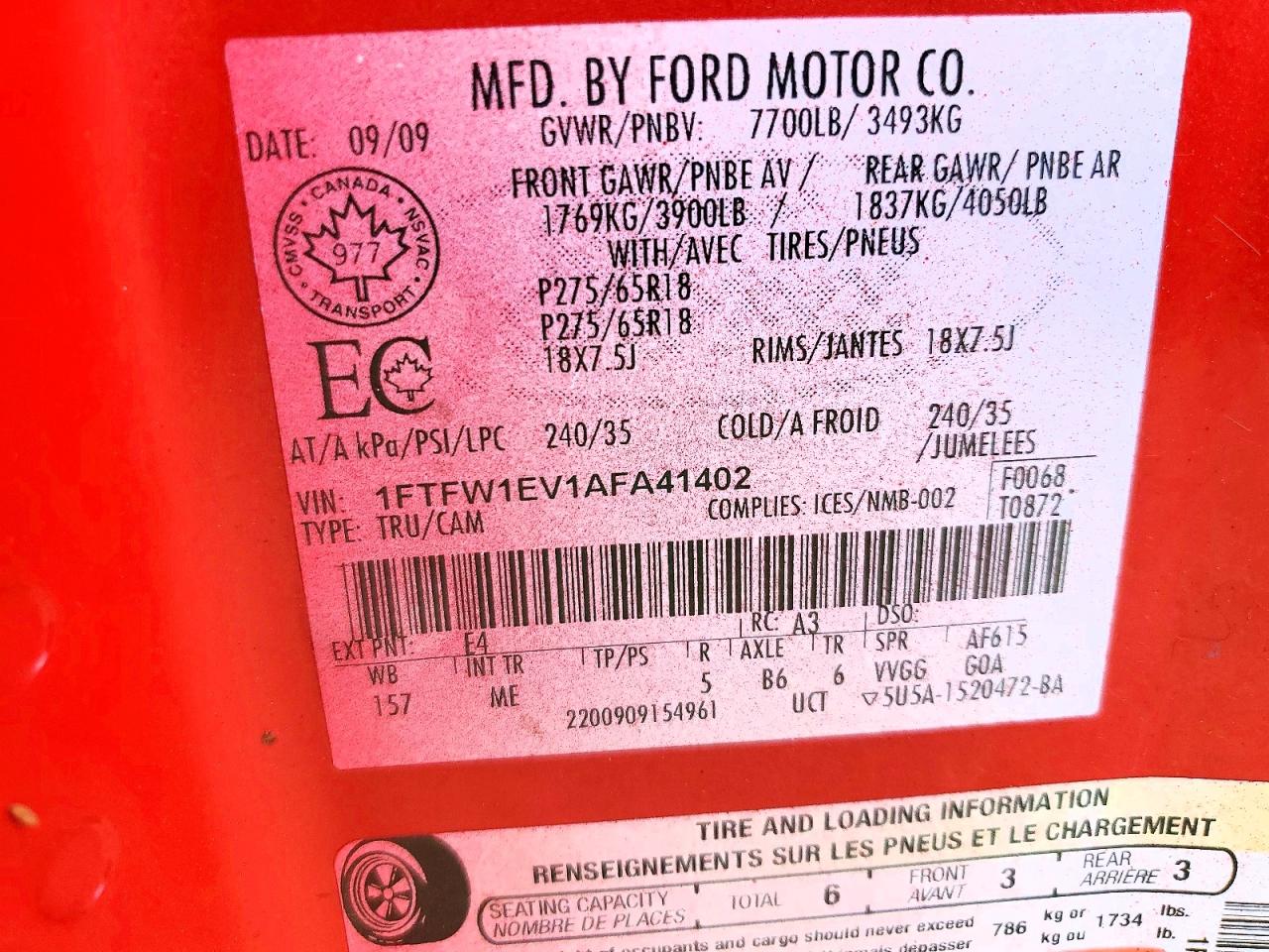 2010 Ford F150 Supercrew Red vin: 1FTFW1EV1AFA41402