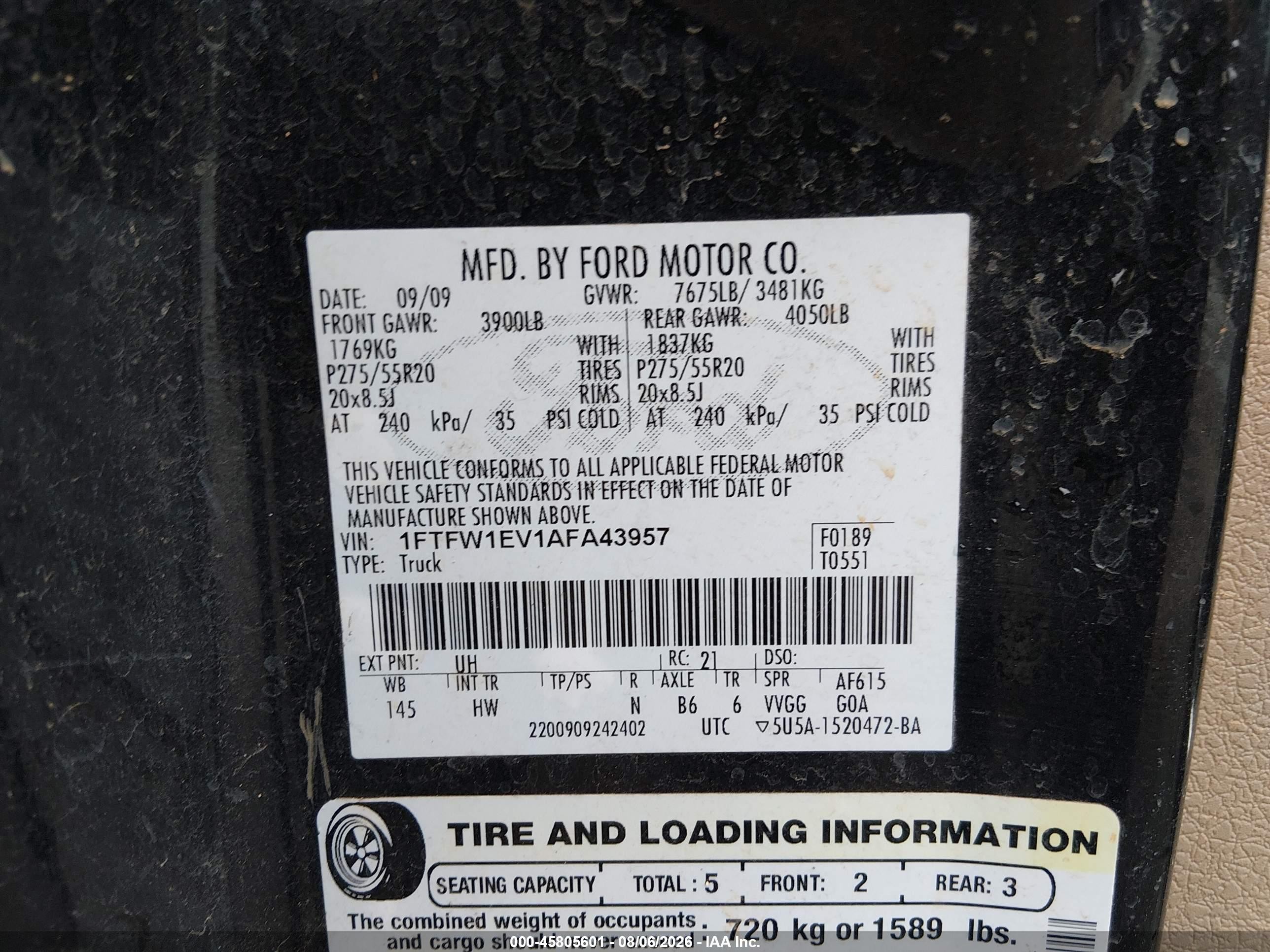 2010 Ford F-150 Fx4/harley-davidson/king Ranch/lariat/platinum/xl/xlt Black vin: 1FTFW1EV1AFA43957