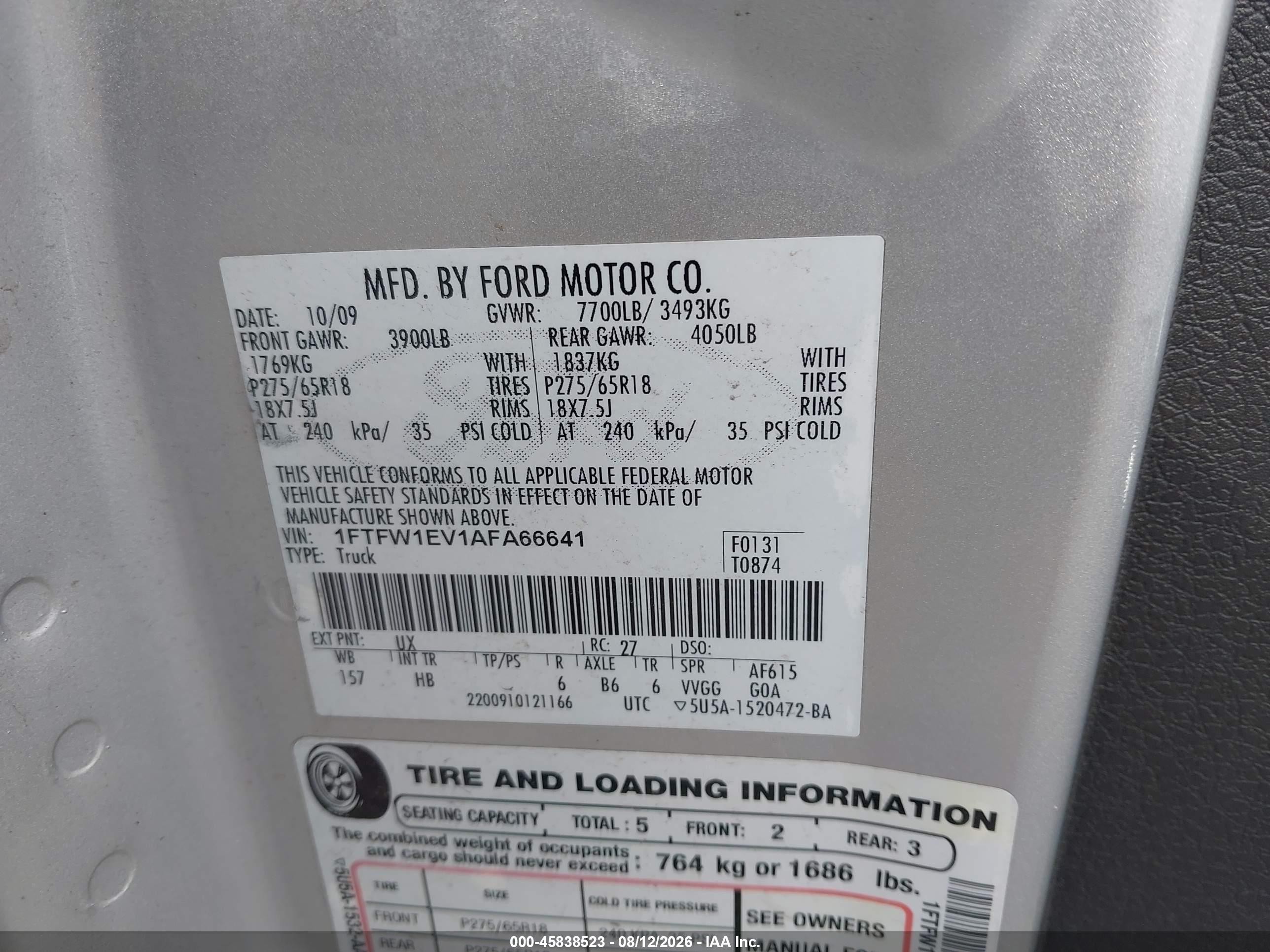 2010 Ford F-150 Fx4/harley-davidson/king Ranch/lariat/platinum/xl/xlt Silver vin: 1FTFW1EV1AFA66641