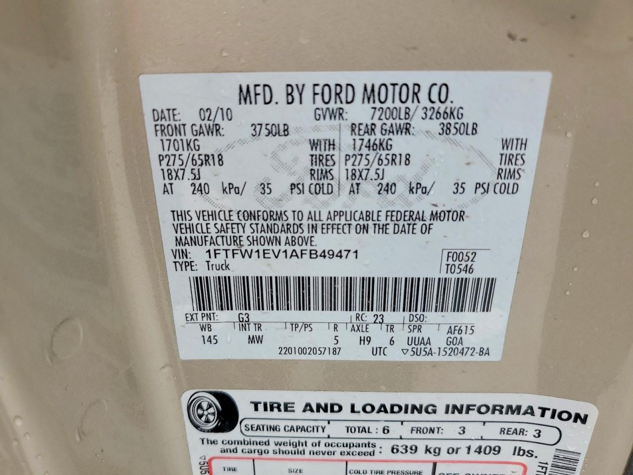 2010 Ford F150 Supercrew Золотой vin: 1FTFW1EV1AFB49471