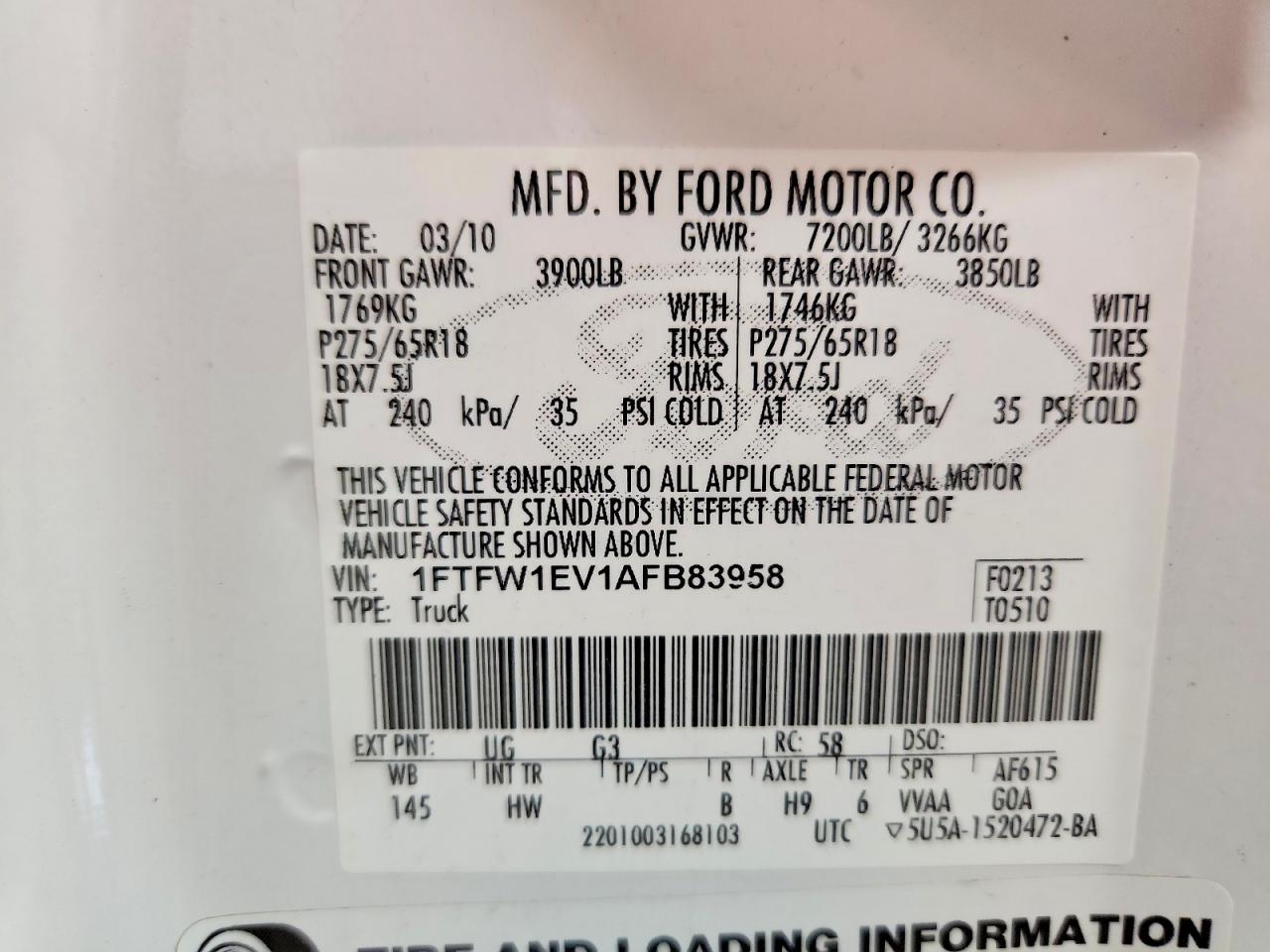 2010 Ford F150 Supercrew White vin: 1FTFW1EV1AFB83958