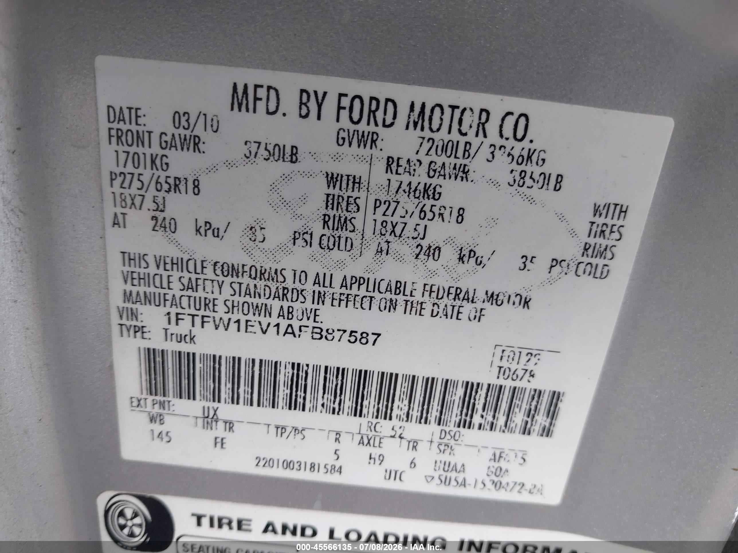 2010 Ford F-150 Fx4/harley-davidson/king Ranch/lariat/platinum/xl/xlt Silver vin: 1FTFW1EV1AFB87587