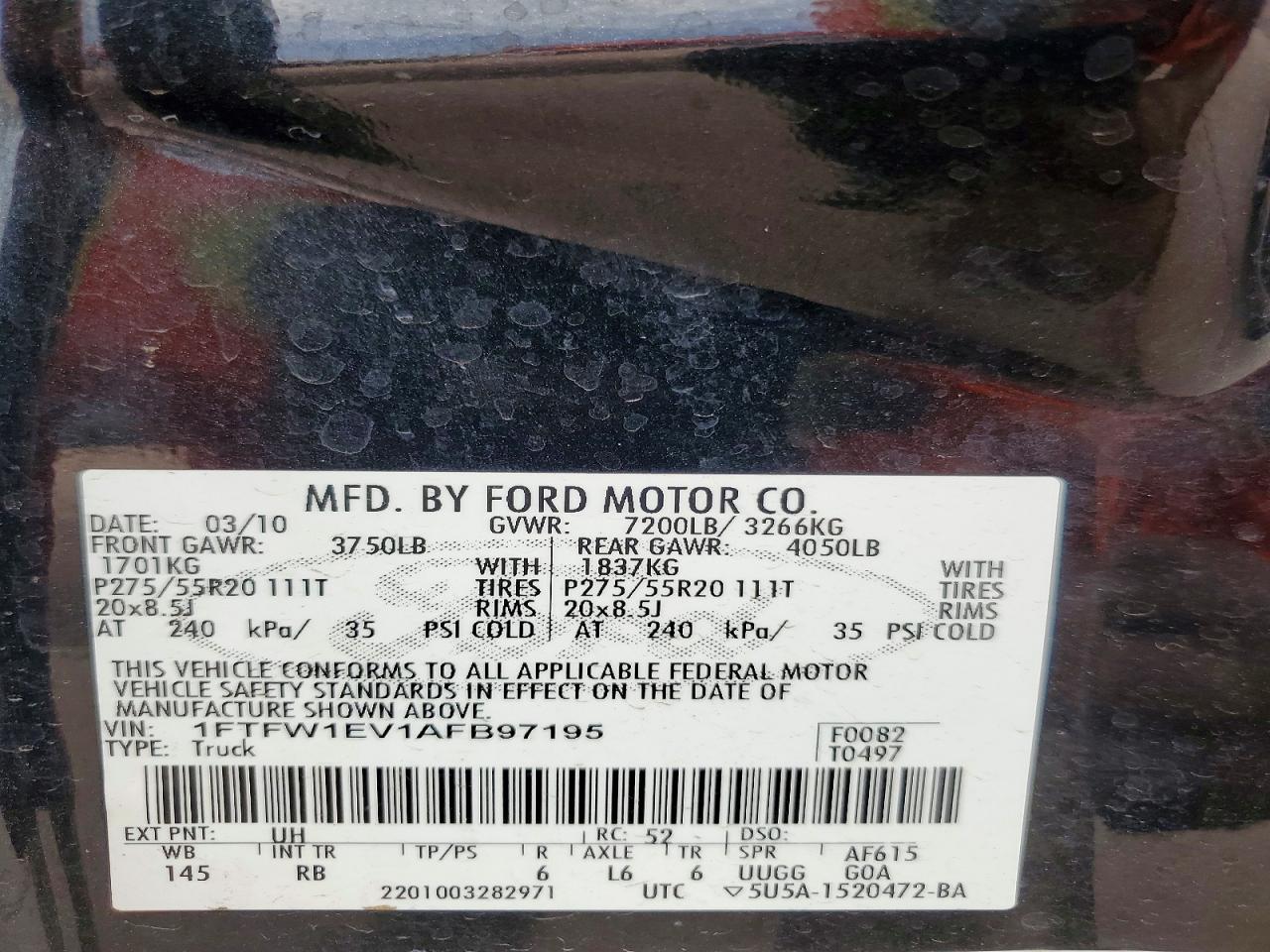 2010 Ford F150 Supercrew Black vin: 1FTFW1EV1AFB97195