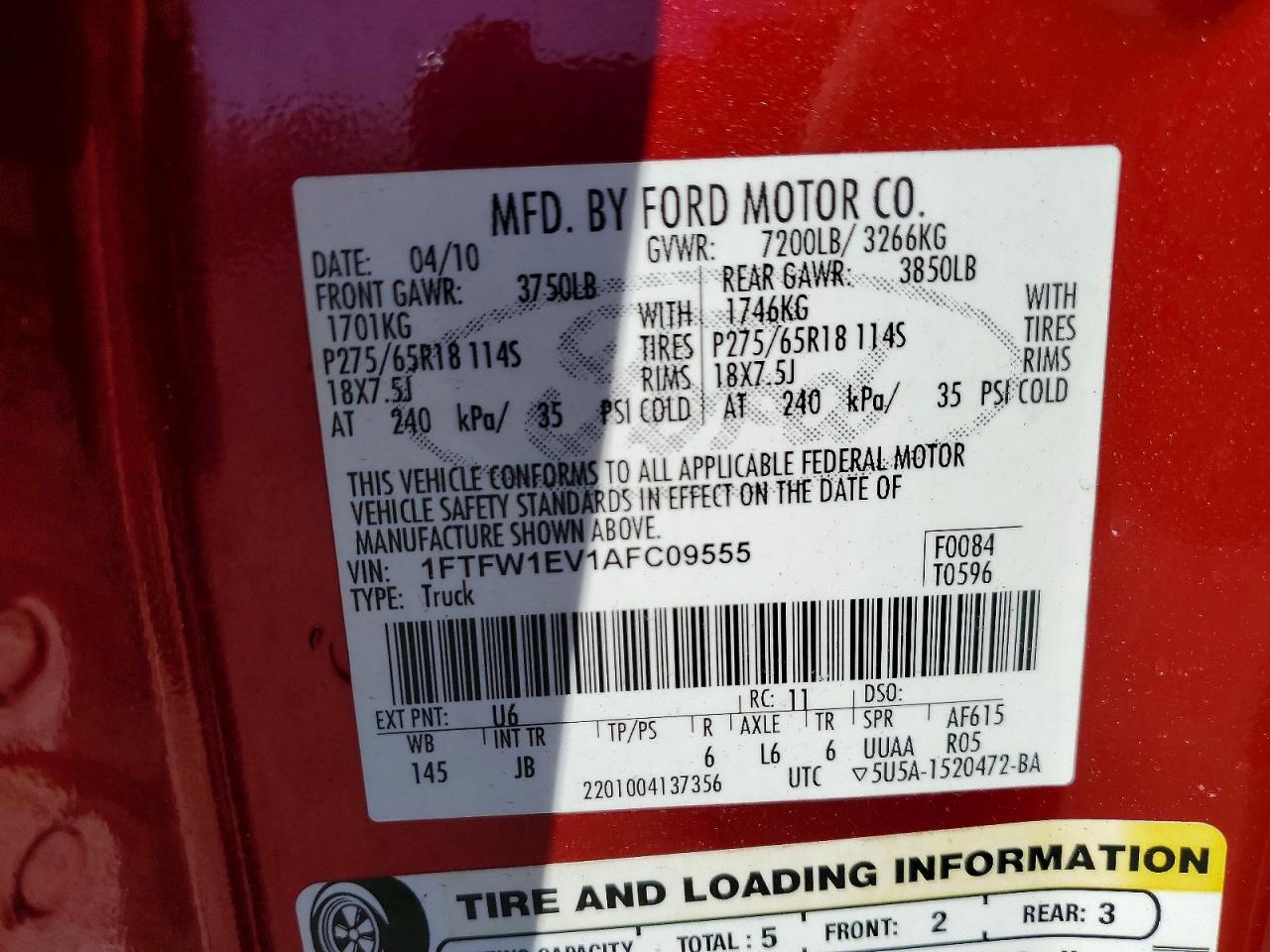 2010 Ford F150 Supercrew Red vin: 1FTFW1EV1AFC09555