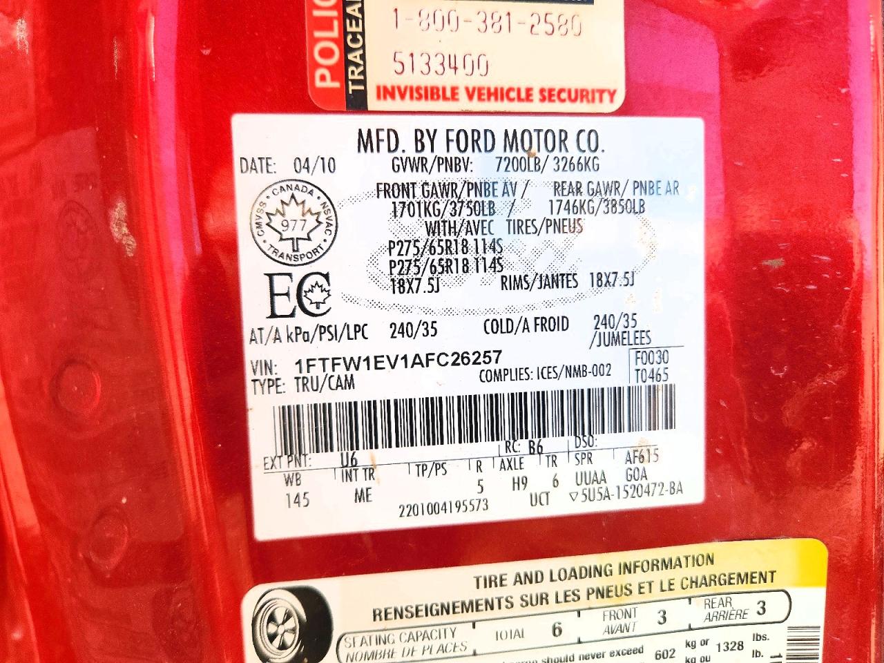 2010 Ford F150 Red vin: 1FTFW1EV1AFC26257