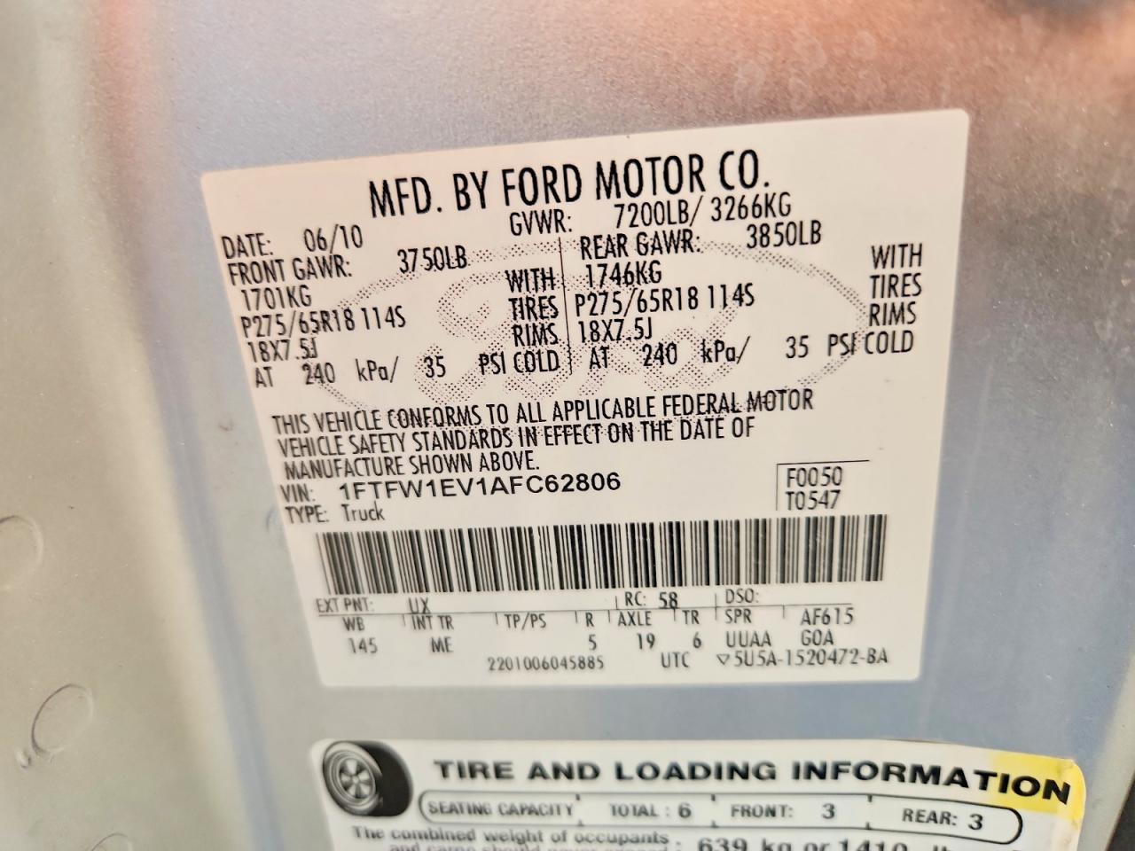 2010 Ford F150 Supercrew Silver vin: 1FTFW1EV1AFC62806
