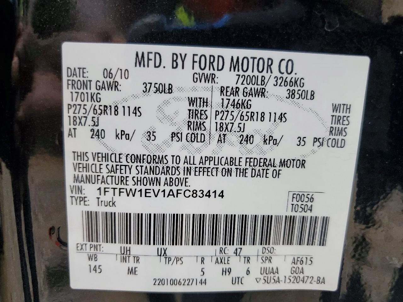 2010 Ford F150 Supercrew Black vin: 1FTFW1EV1AFC83414