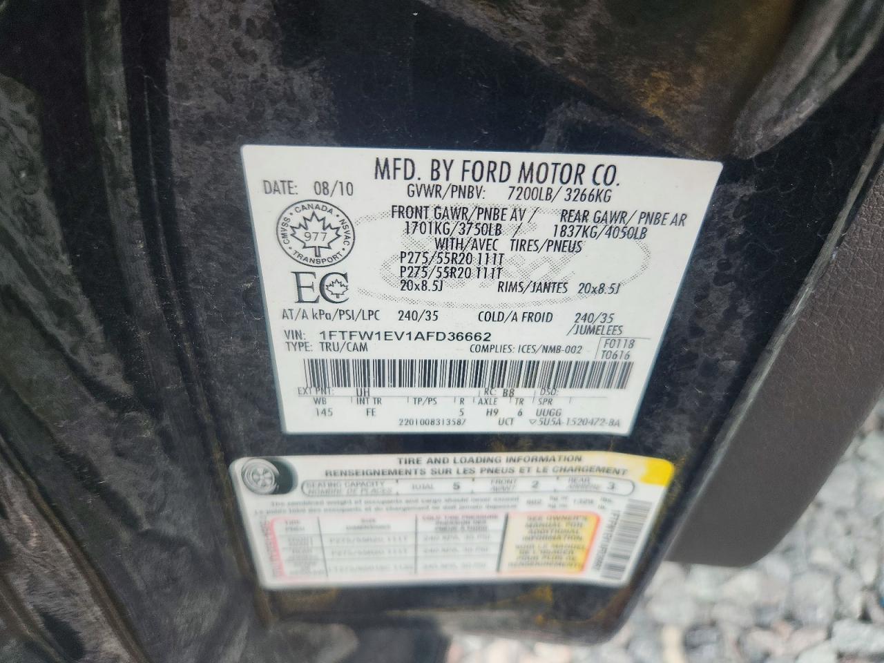 2010 Ford F150 Supercrew Black vin: 1FTFW1EV1AFD36662