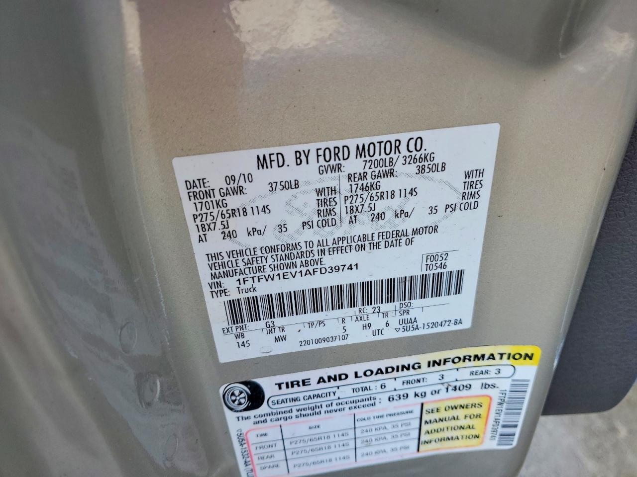 2010 Ford F150 Supercrew Tan vin: 1FTFW1EV1AFD39741