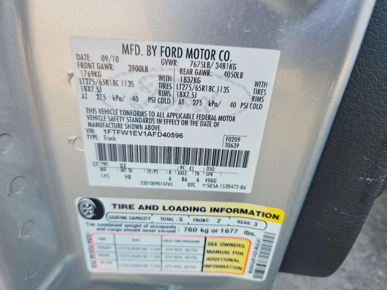 2010 Ford F150 Supercrew Silver vin: 1FTFW1EV1AFD40596