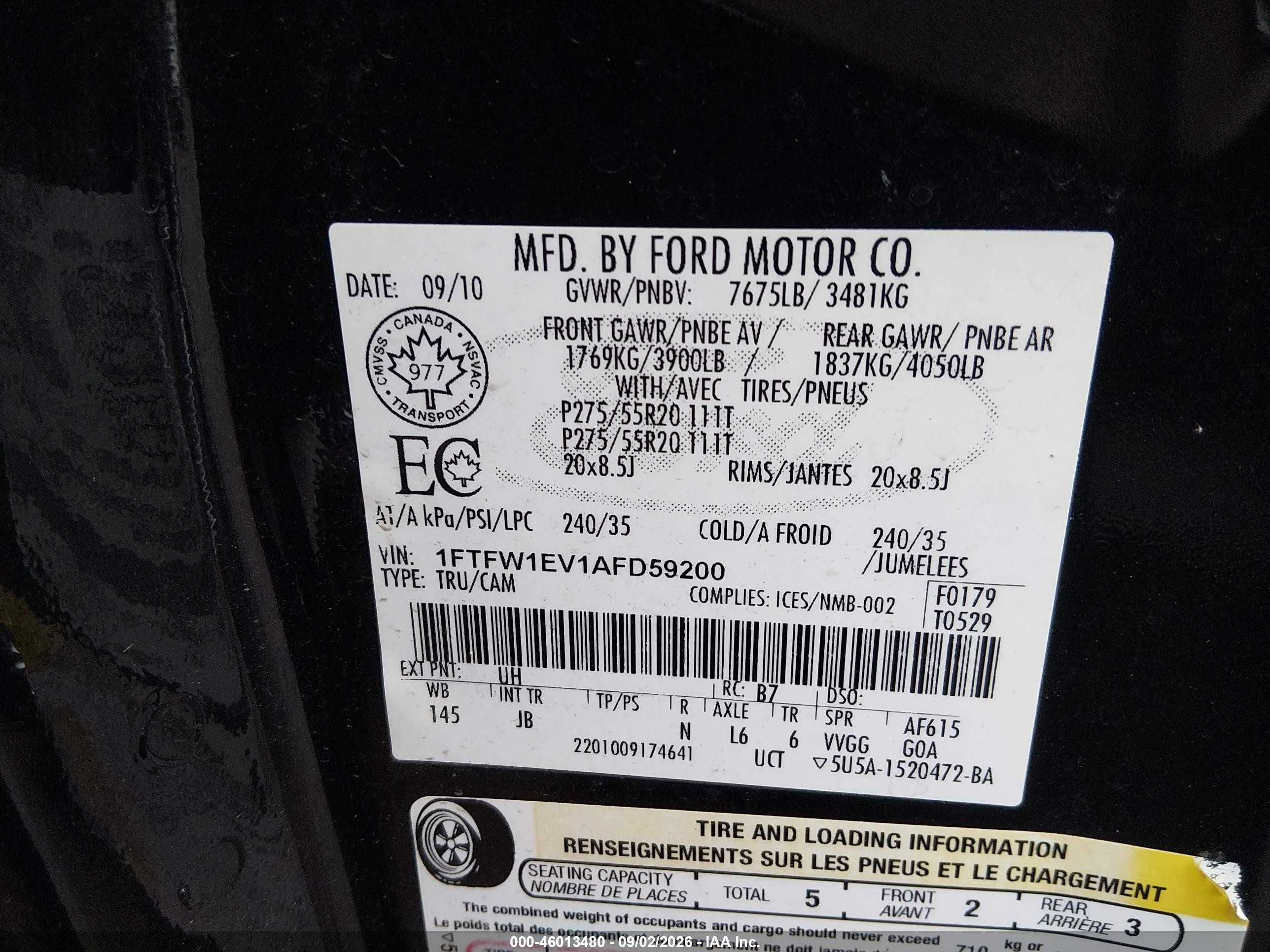 2010 Ford F-150 Fx4 Black vin: 1FTFW1EV1AFD59200