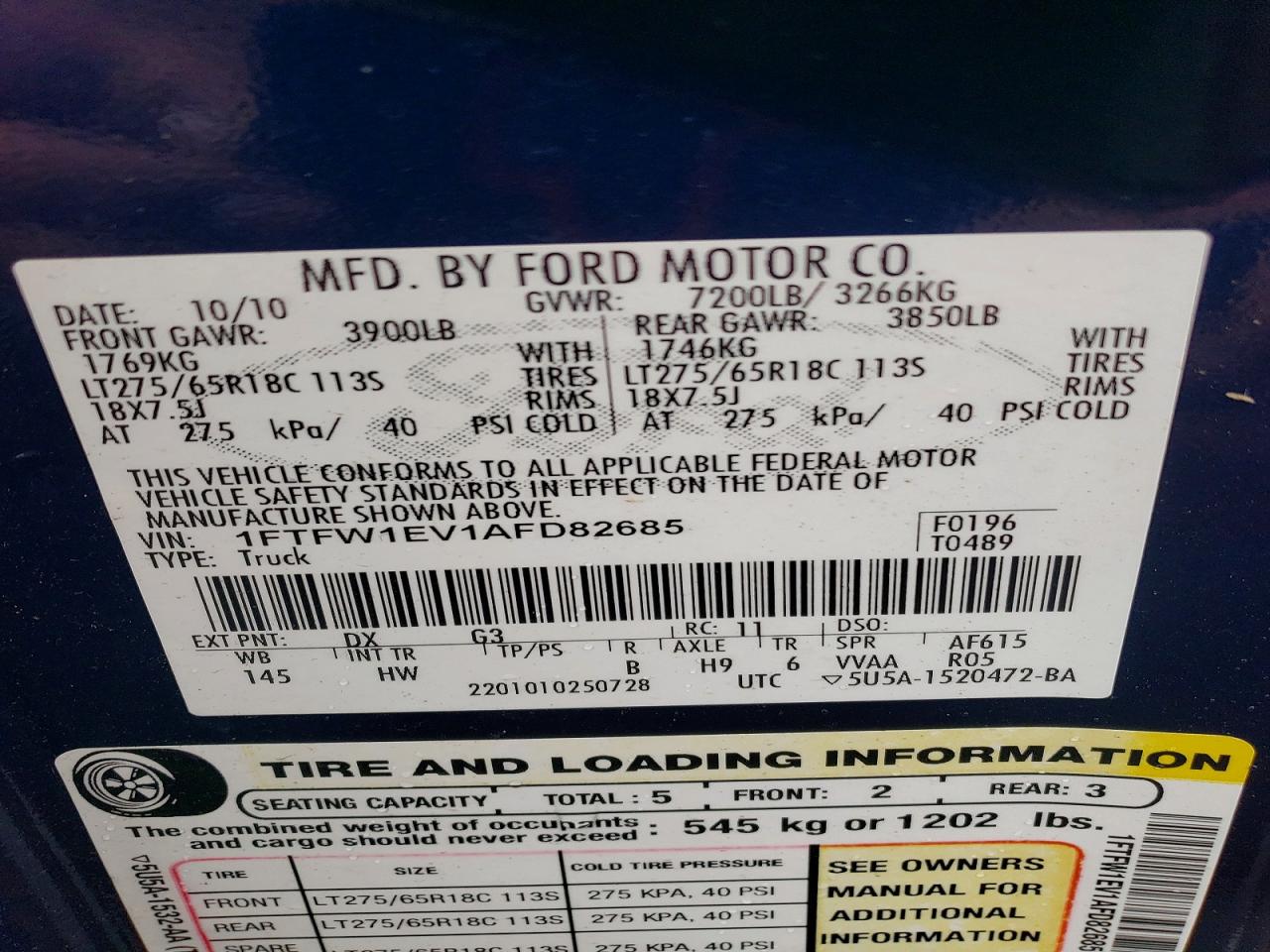 2010 Ford F150 Supercrew Blue vin: 1FTFW1EV1AFD82685