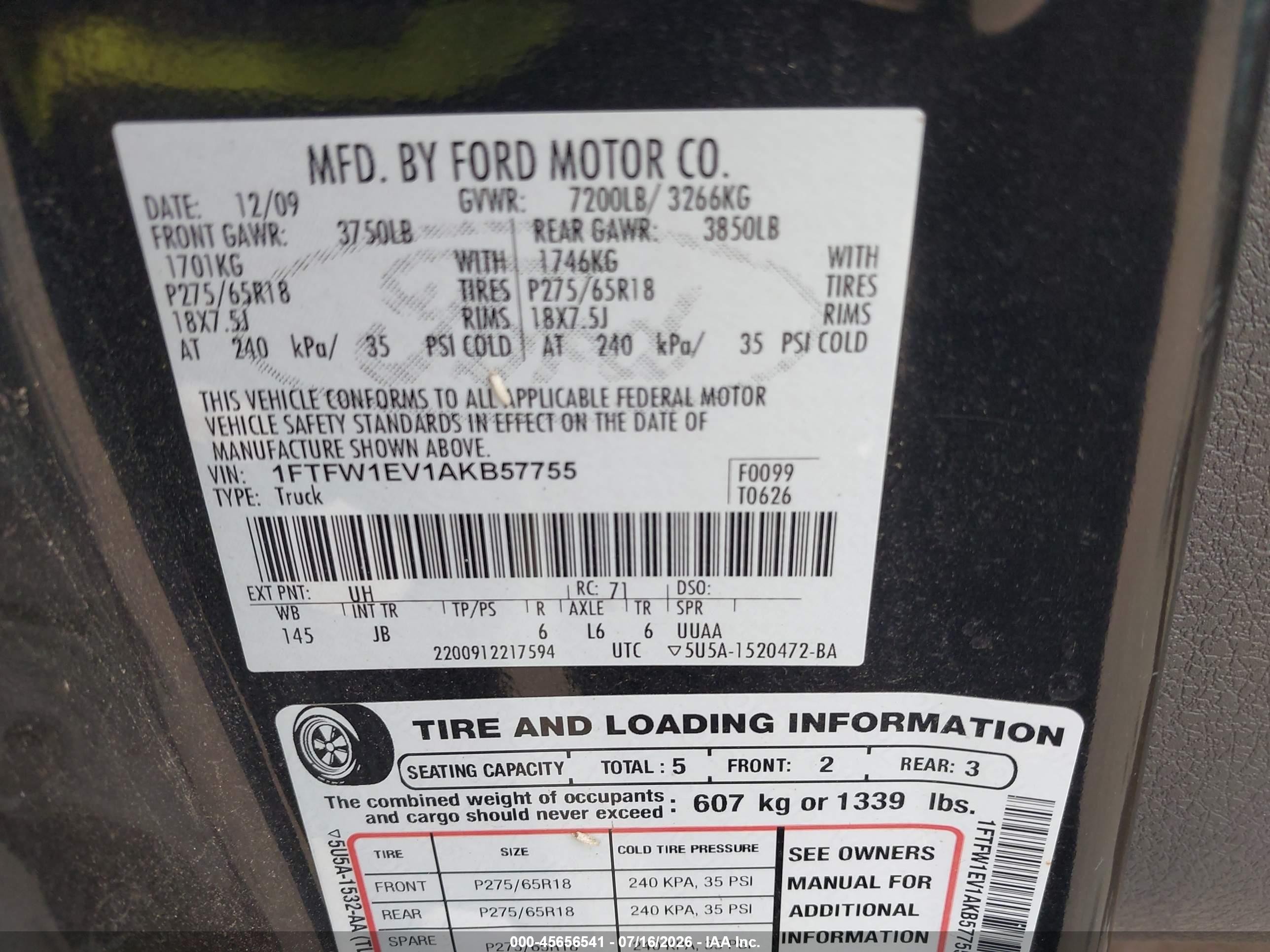 2010 Ford F-150 Fx4/harley-davidson/king Ranch/lariat/platinum/xl/xlt Black vin: 1FTFW1EV1AKB57755
