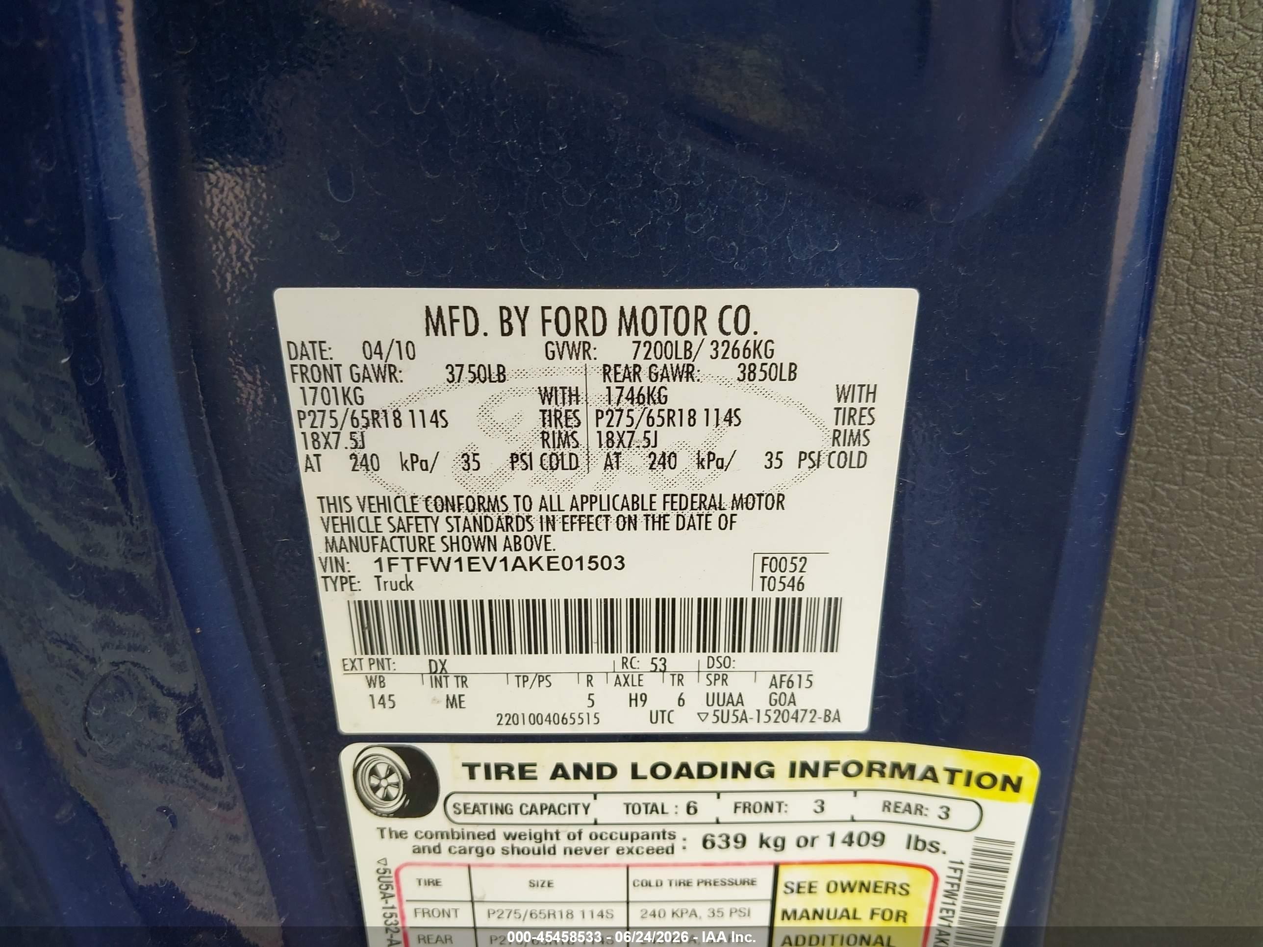 2010 Ford F-150 Fx4/harley-davidson/king Ranch/lariat/platinum/xl/xlt Blue vin: 1FTFW1EV1AKE01503