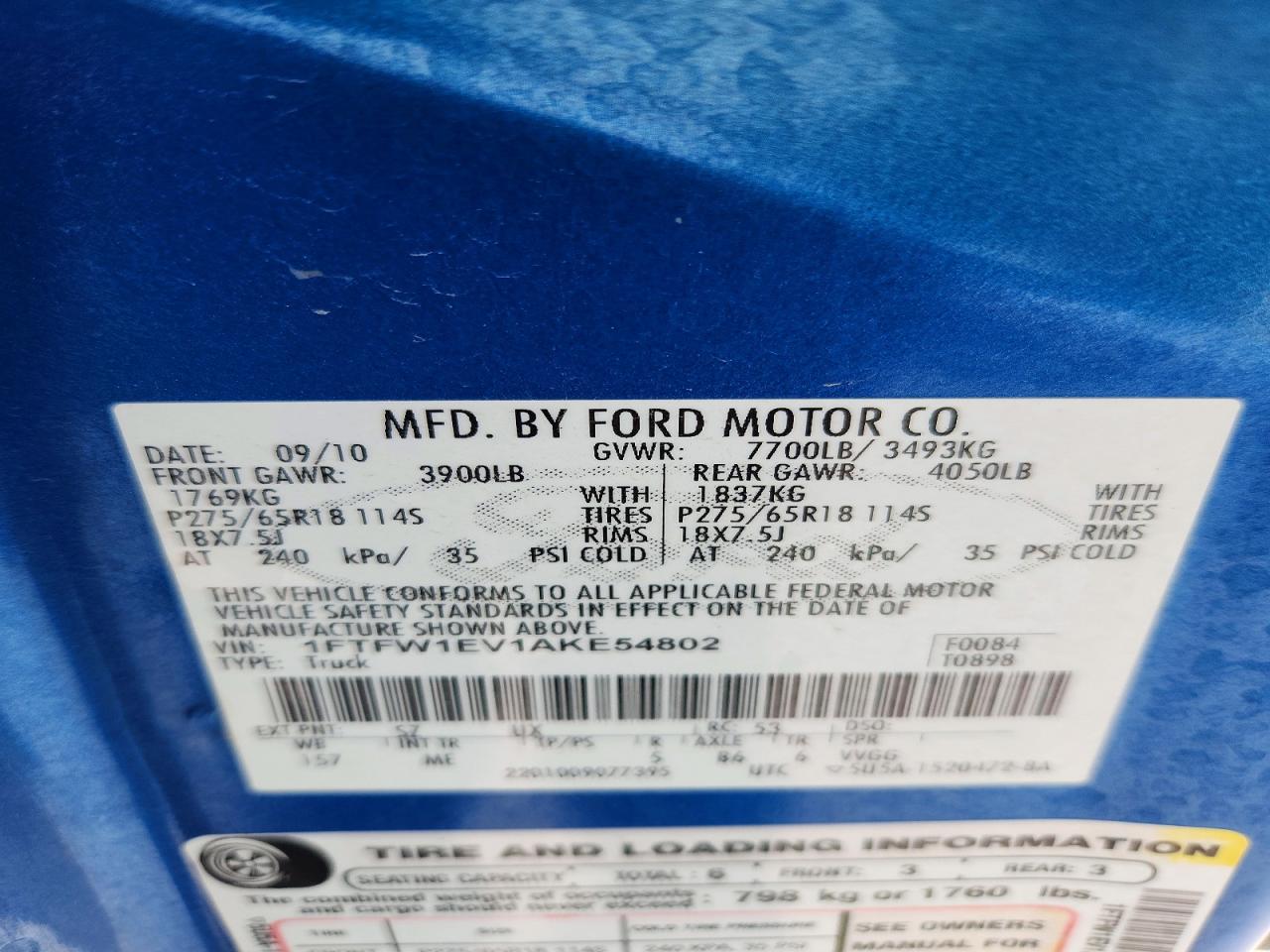2010 Ford F150 Supercrew Blue vin: 1FTFW1EV1AKE54802