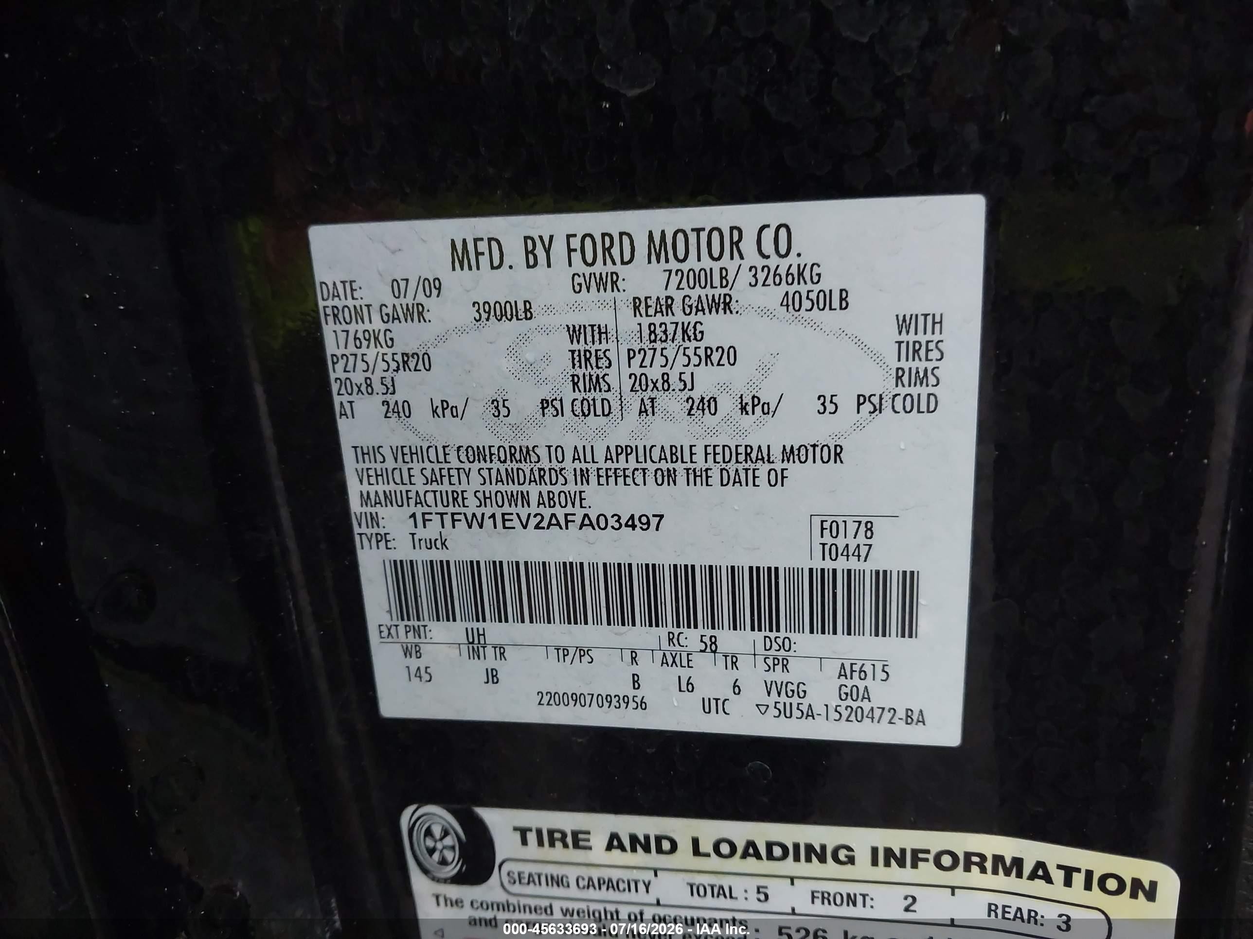 2010 Ford F-150 Fx4/harley-davidson/king Ranch/lariat/platinum/xl/xlt Black vin: 1FTFW1EV2AFA03497
