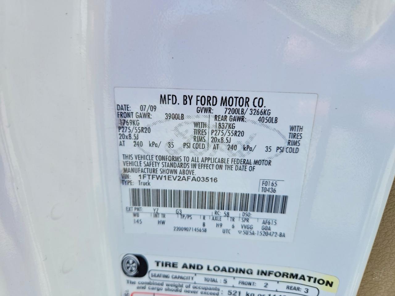2010 Ford F150 Supercrew White vin: 1FTFW1EV2AFA03516