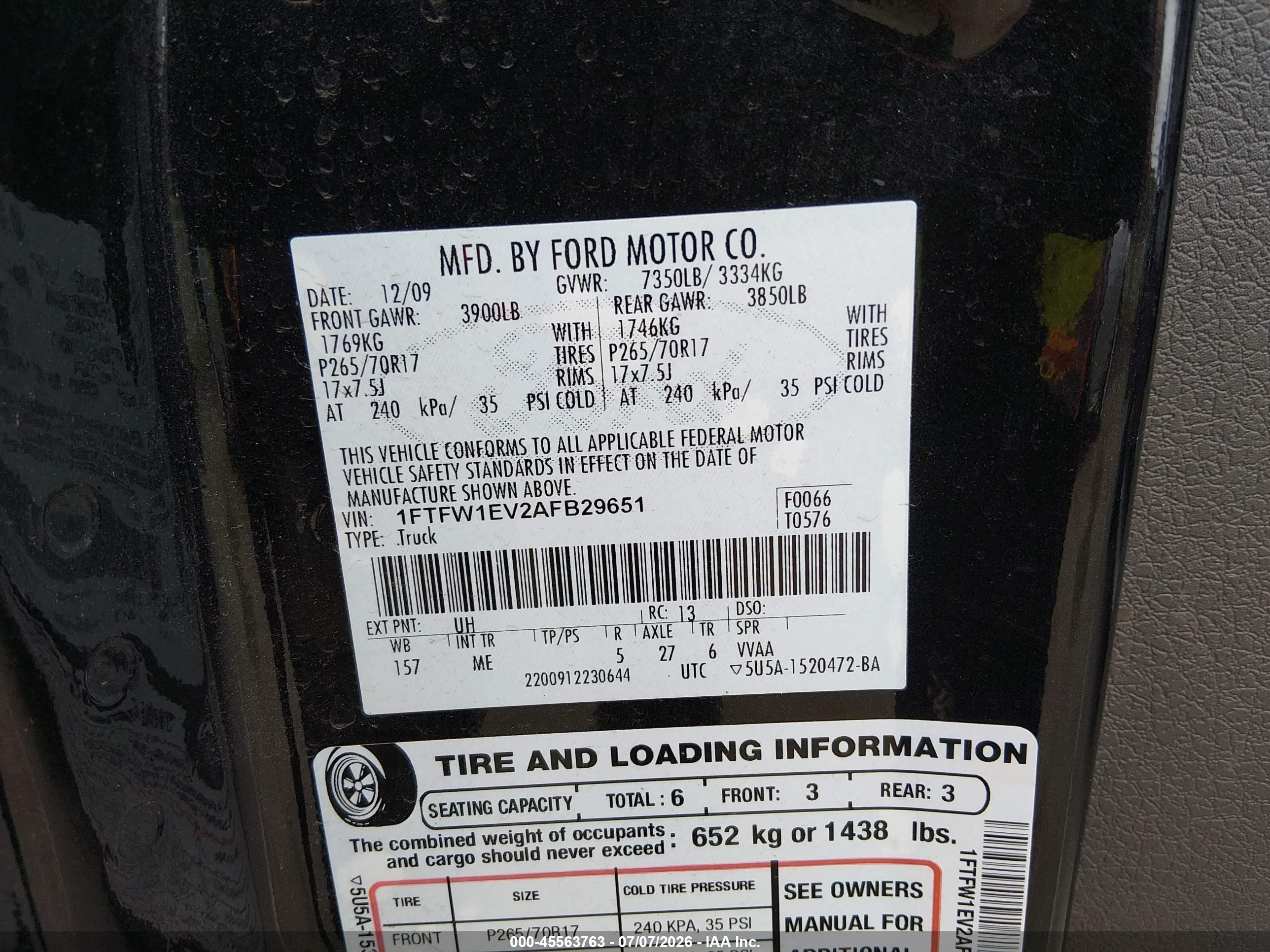 2010 Ford F-150 Fx4/harley-davidson/king Ranch/lariat/platinum/xl/xlt Black vin: 1FTFW1EV2AFB29651