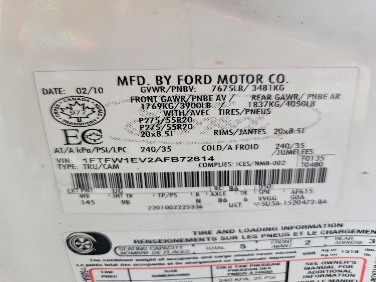 2010 Ford F150 Supercrew White vin: 1FTFW1EV2AFB72614