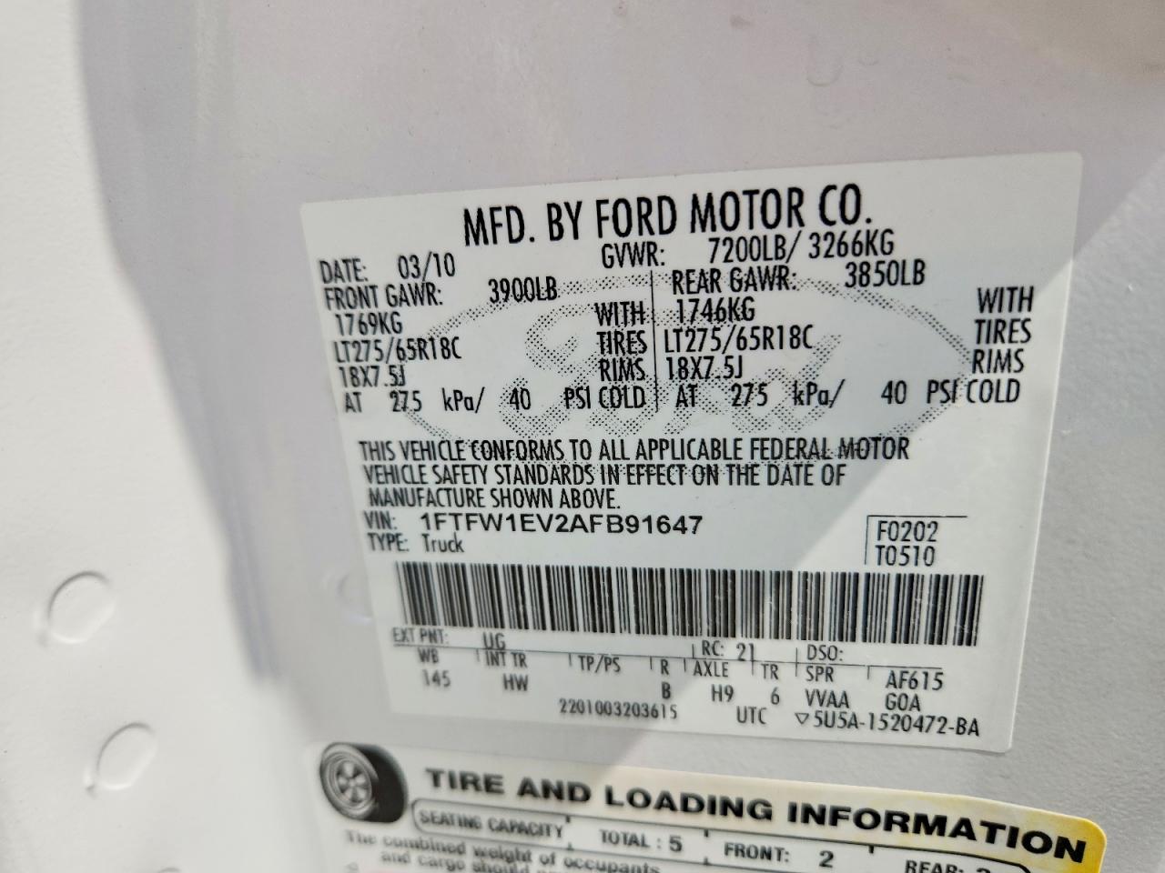 2010 Ford F150 Supercrew White vin: 1FTFW1EV2AFB91647