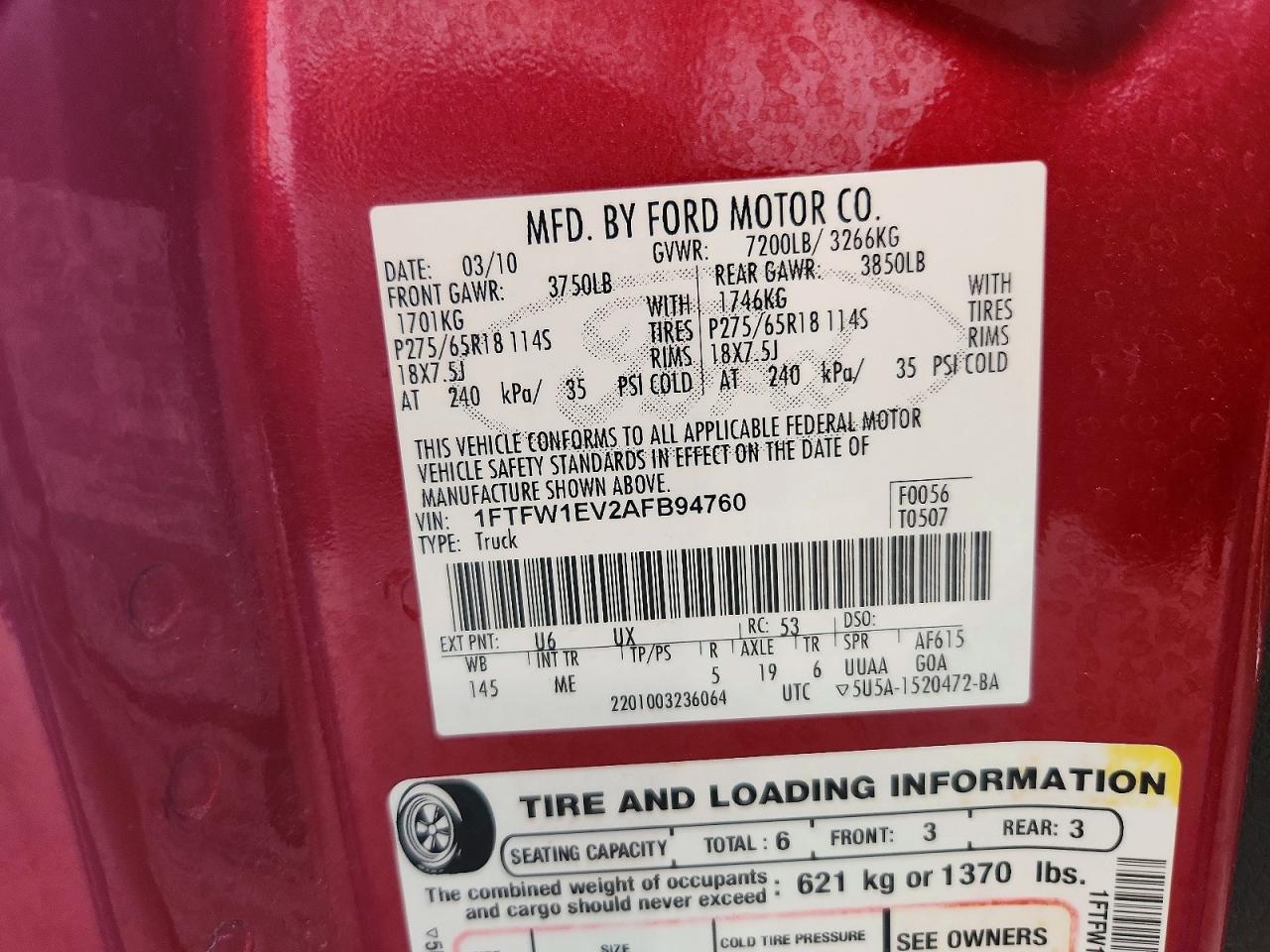 2010 Ford F150 Supercrew Burgundy vin: 1FTFW1EV2AFB94760