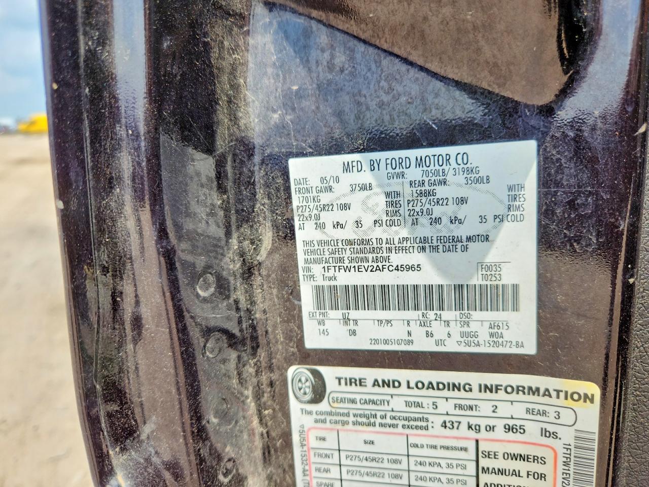 2010 Ford F150 Supercrew Charcoal vin: 1FTFW1EV2AFC45965