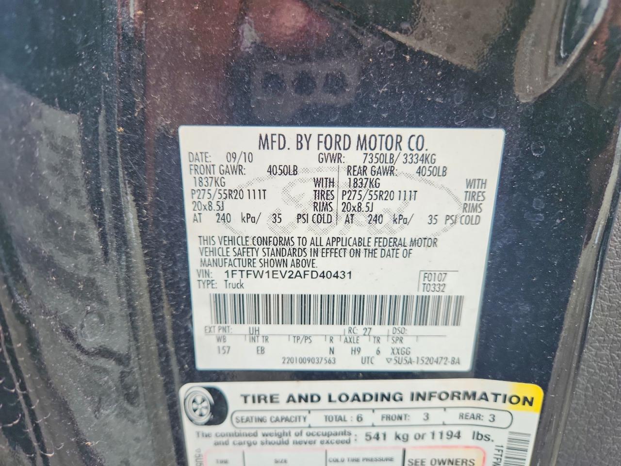 2010 Ford F150 Supercrew Black vin: 1FTFW1EV2AFD40431