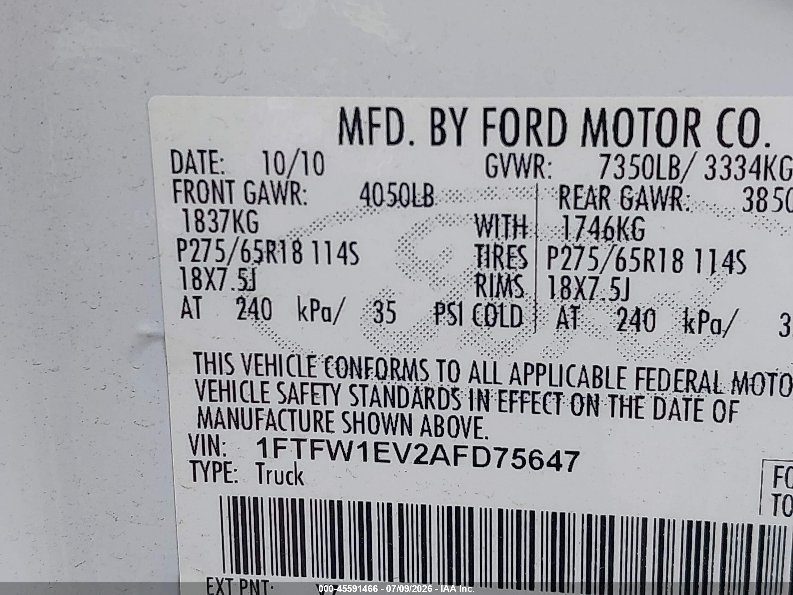 2010 Ford F-150 Fx4/harley-davidson/king Ranch/lariat/platinum/xl/xlt White vin: 1FTFW1EV2AFD75647