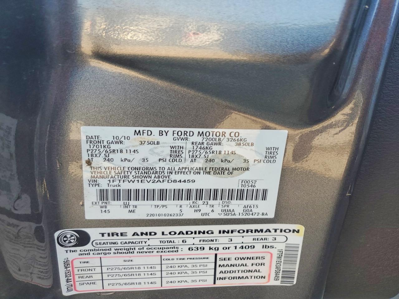 2010 Ford F150 Supercrew Gray vin: 1FTFW1EV2AFD84459