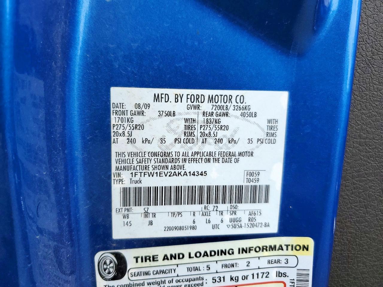 2010 Ford F150 Supercrew Blue vin: 1FTFW1EV2AKA14345