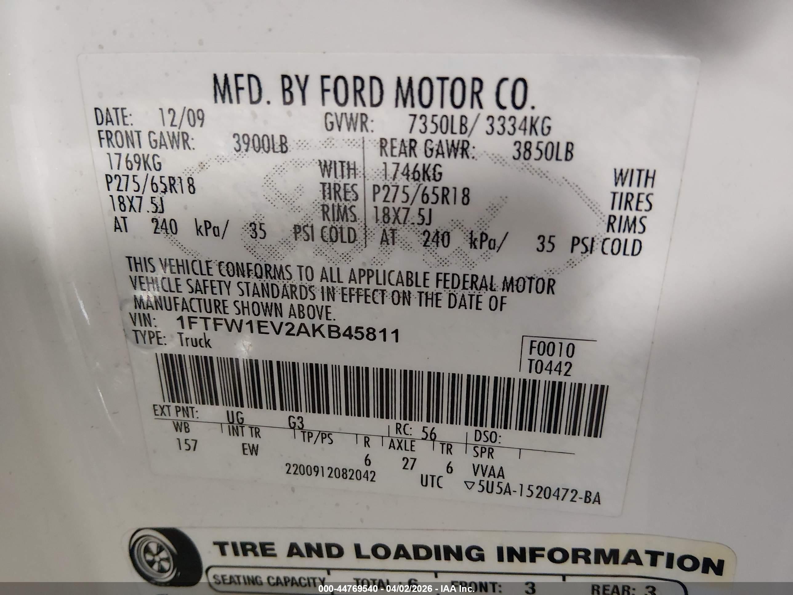 2010 Ford F-150 Fx4/harley-davidson/king Ranch/lariat/platinum/xl/xlt White vin: 1FTFW1EV2AKB45811