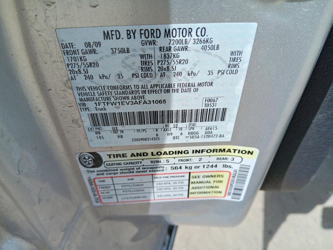 2010 Ford F150 Supercrew Серебряный vin: 1FTFW1EV3AFA31065