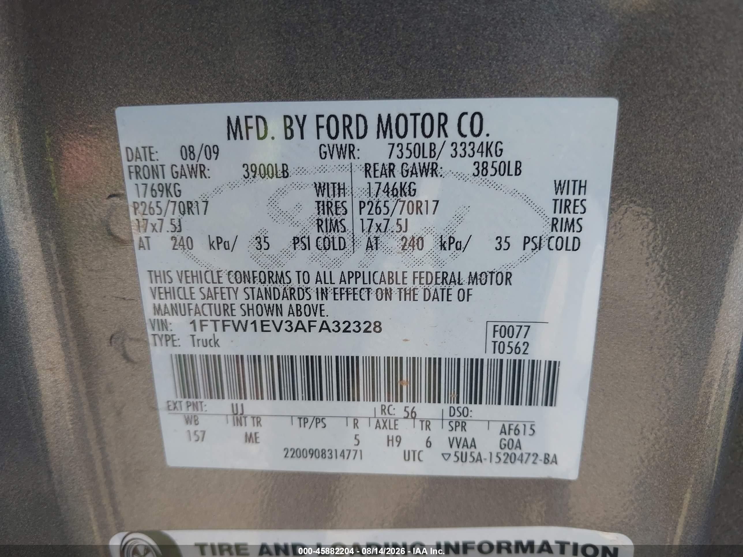 2010 Ford F-150 Fx4/harley-davidson/king Ranch/lariat/platinum/xl/xlt Gray vin: 1FTFW1EV3AFA32328