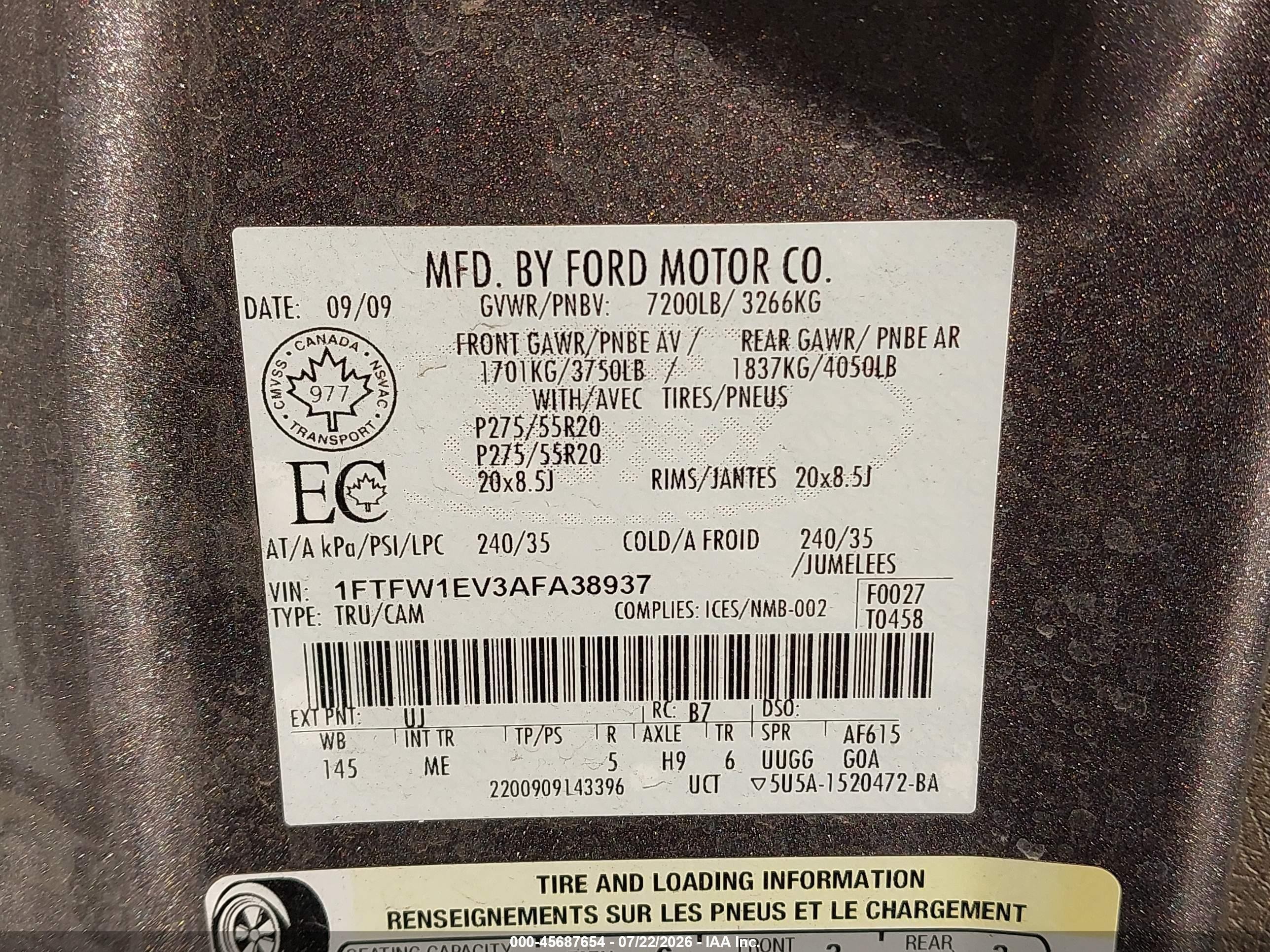 2010 Ford F-150 Fx4/harley-davidson/king Ranch/lariat/platinum/xl/xlt Gray vin: 1FTFW1EV3AFA38937