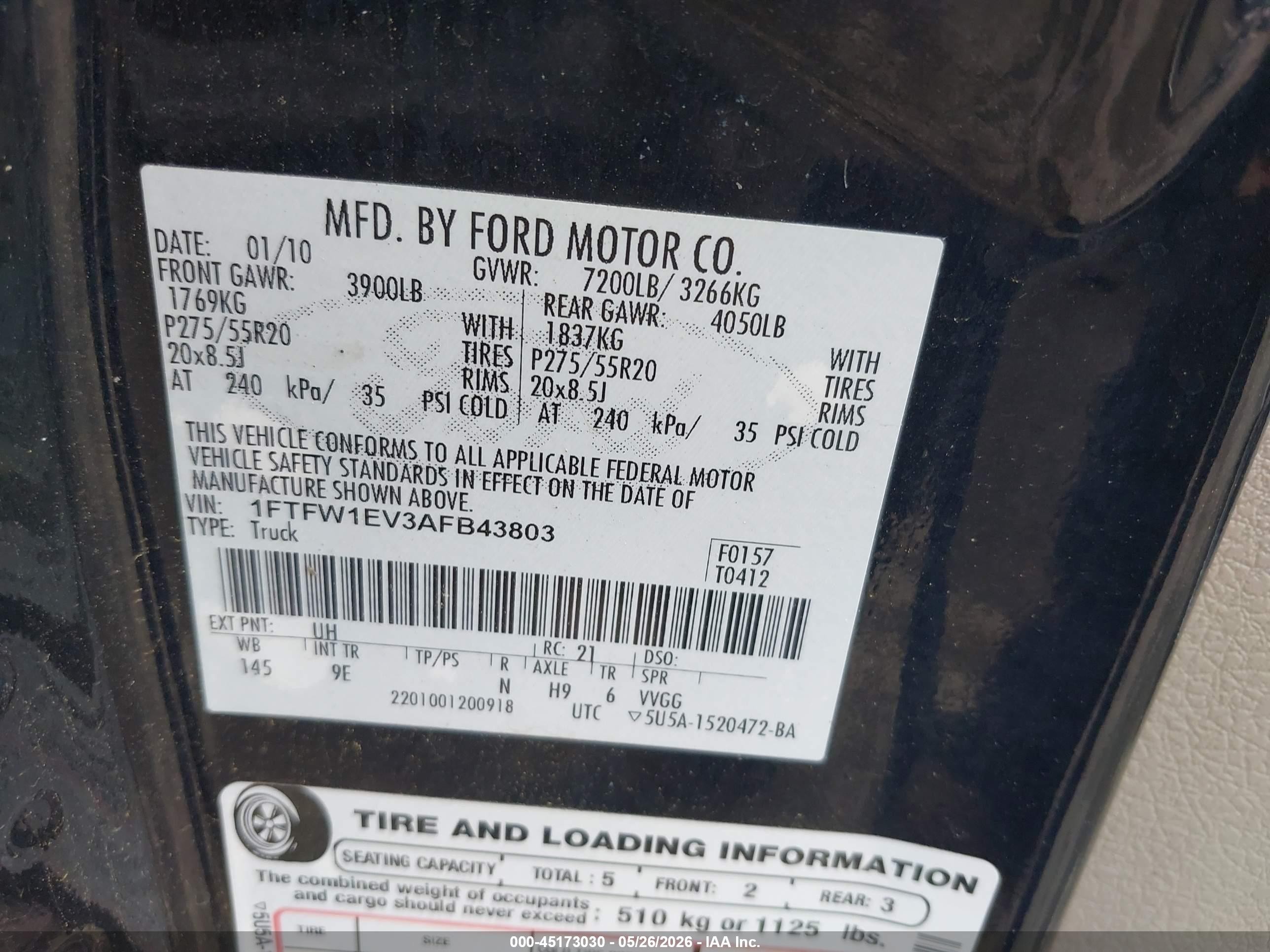 2010 Ford F-150 Fx4/harley-davidson/king Ranch/lariat/platinum/xl/xlt Black vin: 1FTFW1EV3AFB43803