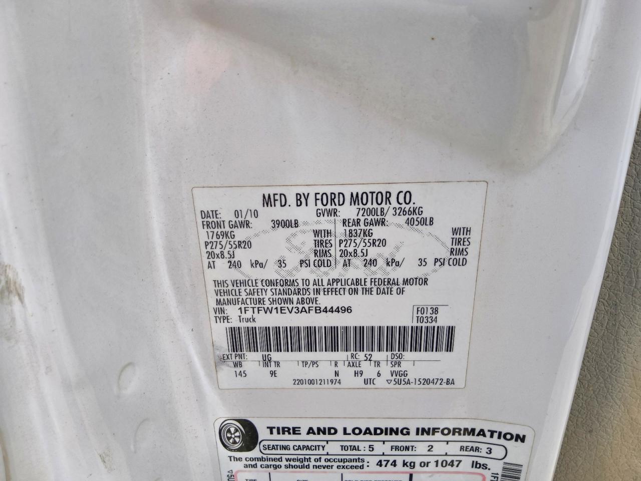 2010 Ford F150 Supercrew White vin: 1FTFW1EV3AFB44496